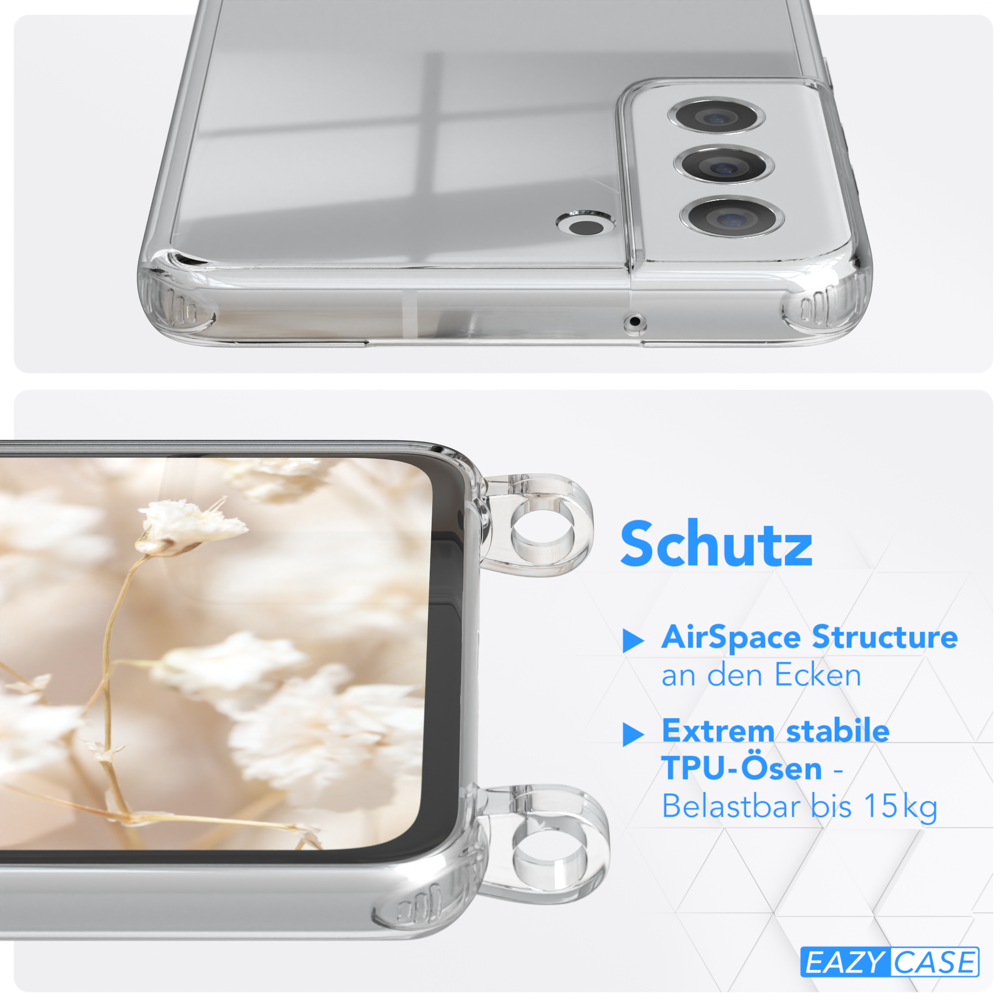 Eine Handyhülle mit Handy, Text und Details zum Produkt.