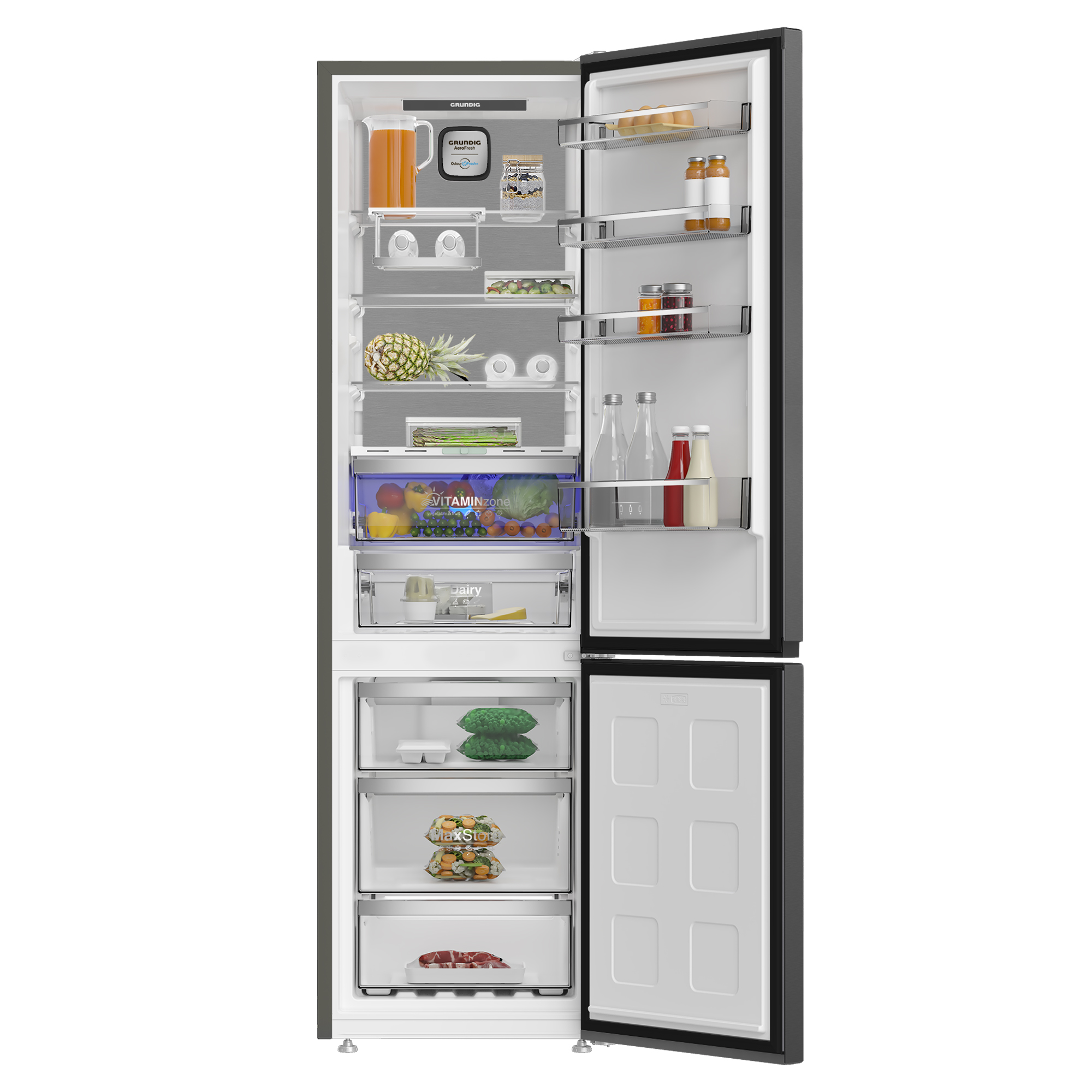 Offener Kühlschrank mit Lebensmitteln. Obst, Gemüse und Getränke sind auf Regalen und in Schubladen sichtbar.