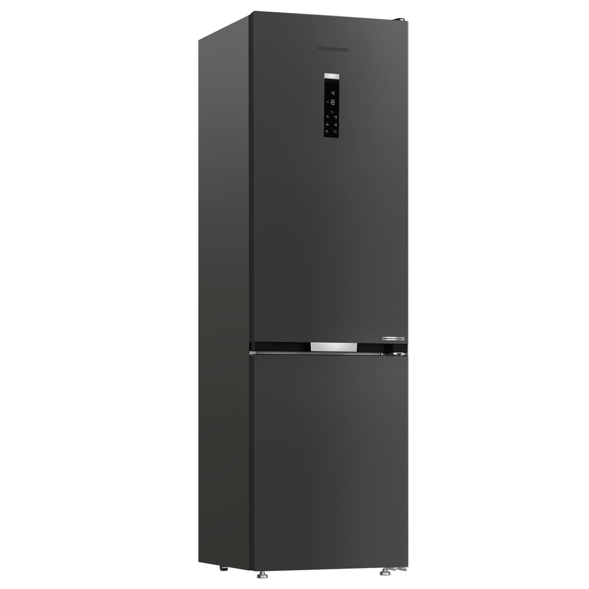 Ein schwarzer Grundig-Kühlschrank mit Anzeigefeld oben und Gefrierfach unten.