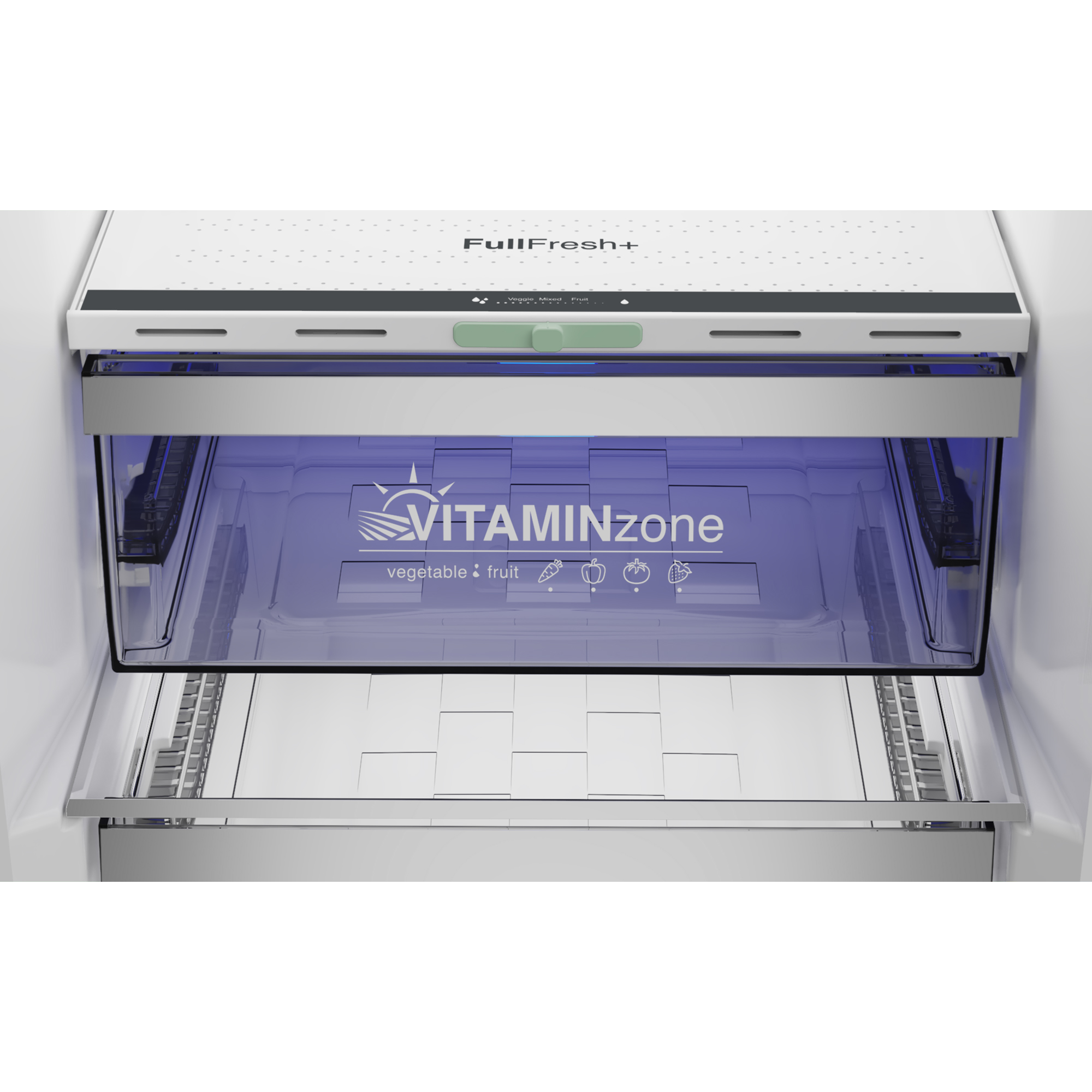 Kühlschrankinnenraum mit blau beleuchtetem Fach mit der Aufschrift 'Vitaminzone'.