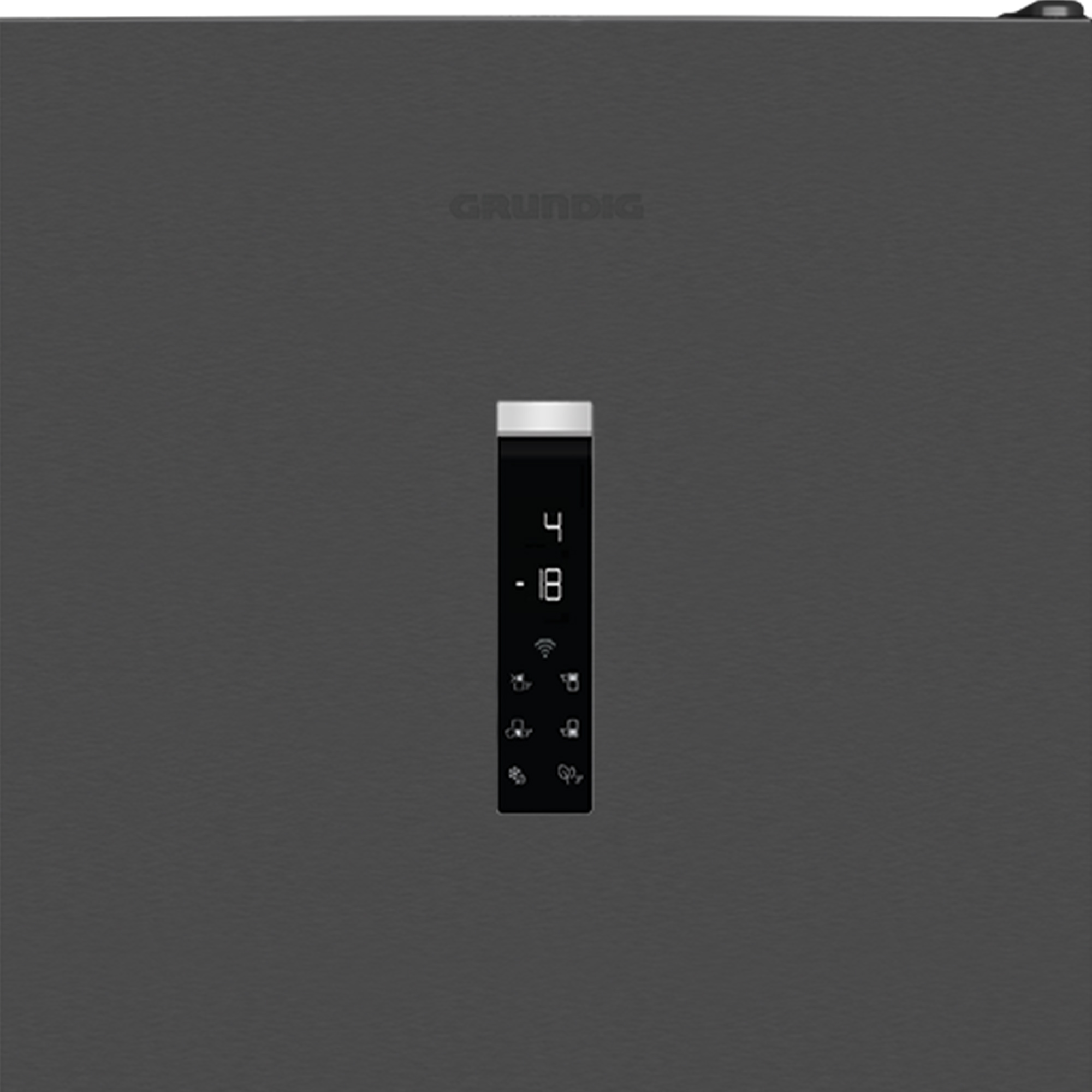 Ein dunkelgrauer Kühlschrank mit digitaler Anzeige, die Zahlen und Symbole zeigt.