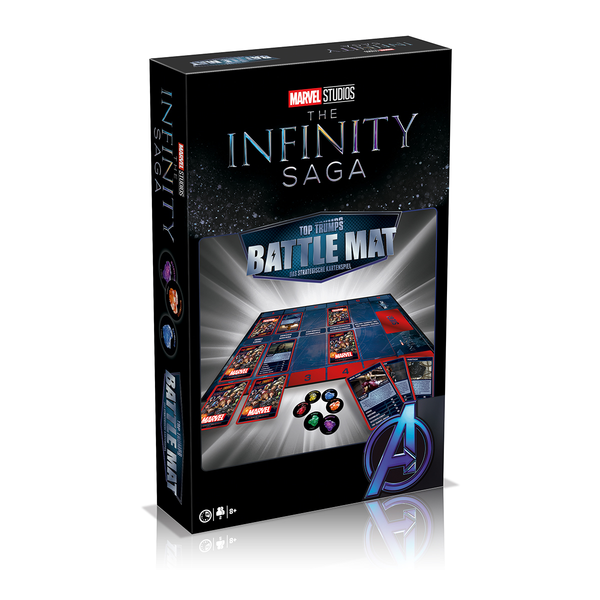 Eine Spielbox: Marvel Studios The Infinity Saga Top Trumps Battle Mat. Box hat rote, blaue und schwarze Farben.
