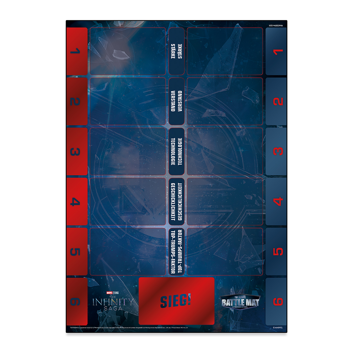 Brettspiel-Kartenlayout mit Text in mehreren Sprachen. Rote und blaue Abschnitte.