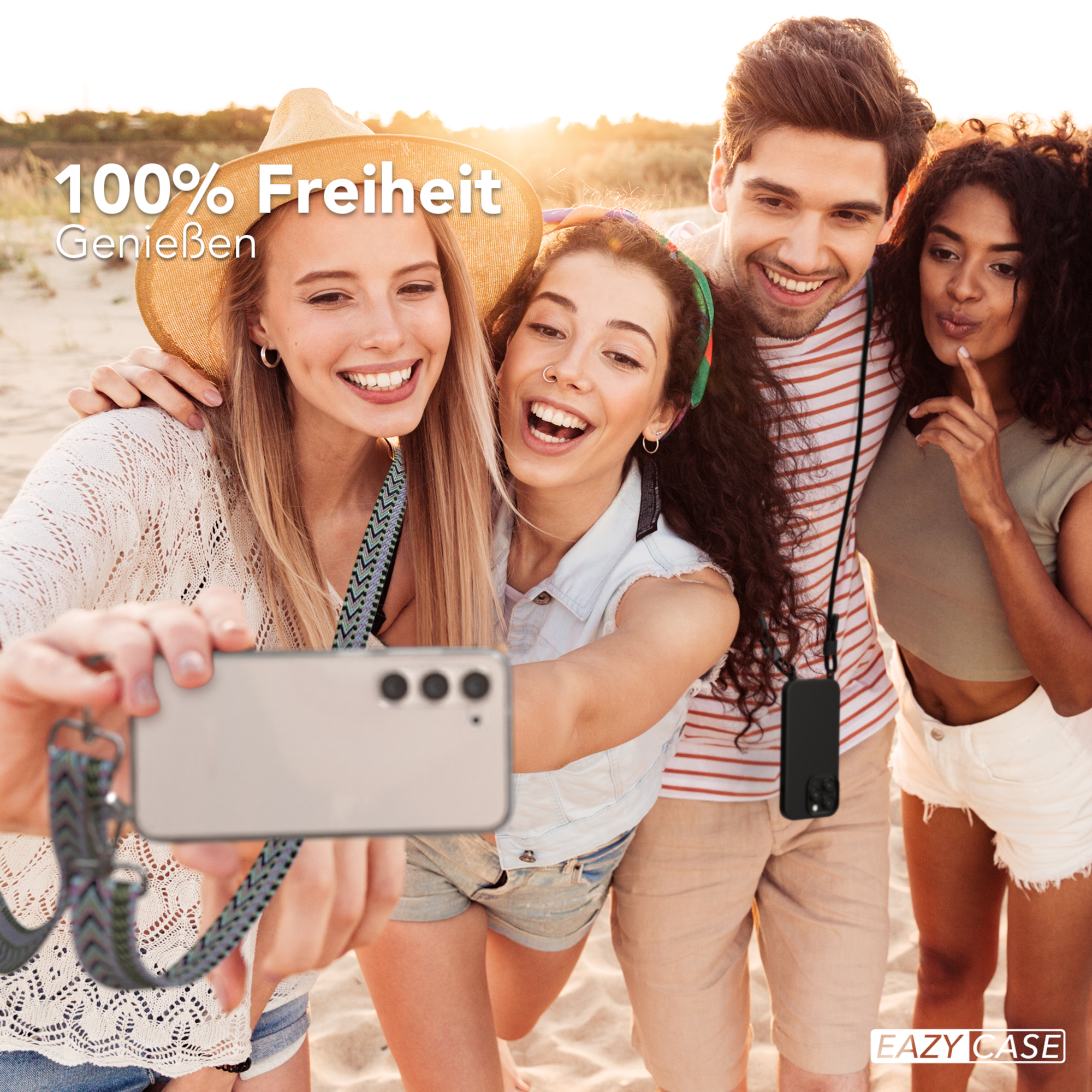 Vier lächelnde Freunde machen ein Selfie mit einem Telefon. Der Text oben lautet '100% Freiheit'.