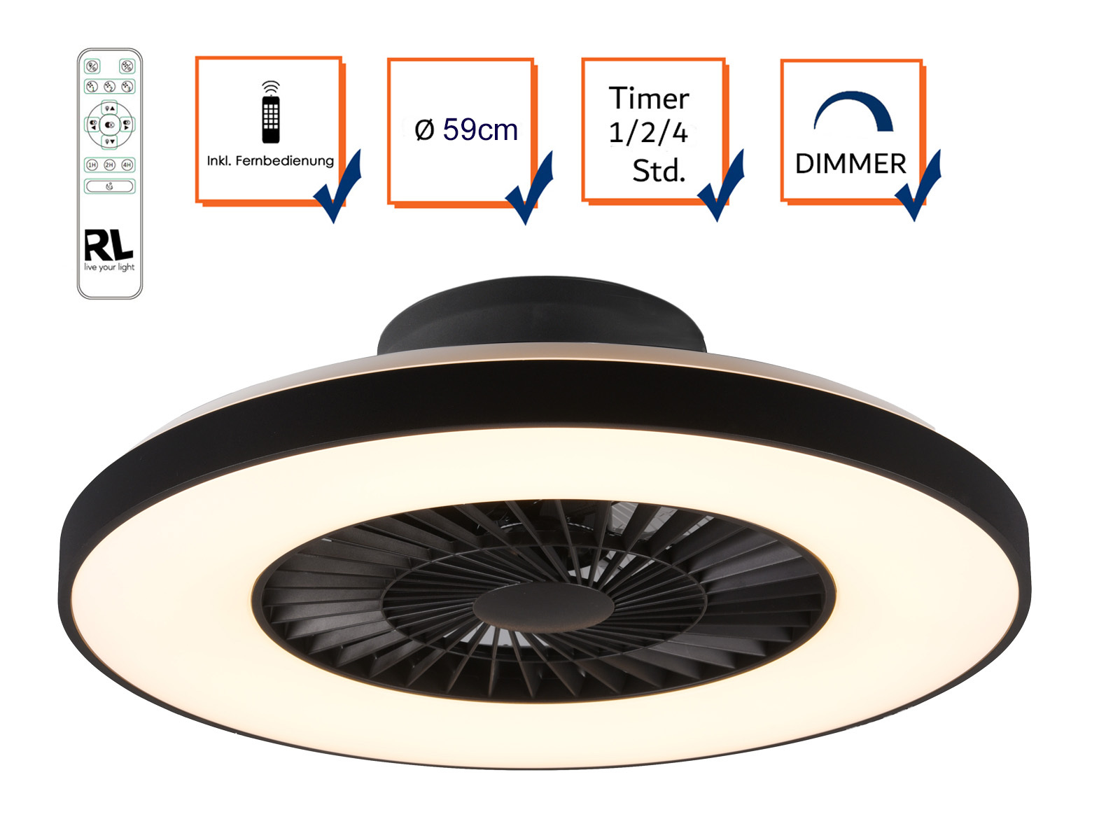 Un ventilador de techo con un anillo de luz. Tiene un mando a distancia y varias opciones de configuración.