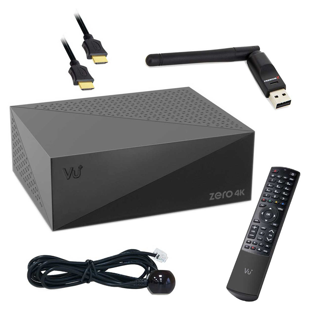 (Schwarz) SAT Receiver ZERO Receiver 4K Sat Wi-Fi 1x DVB-S2X Multistream Set-Top-Box VU+ HD + Stick