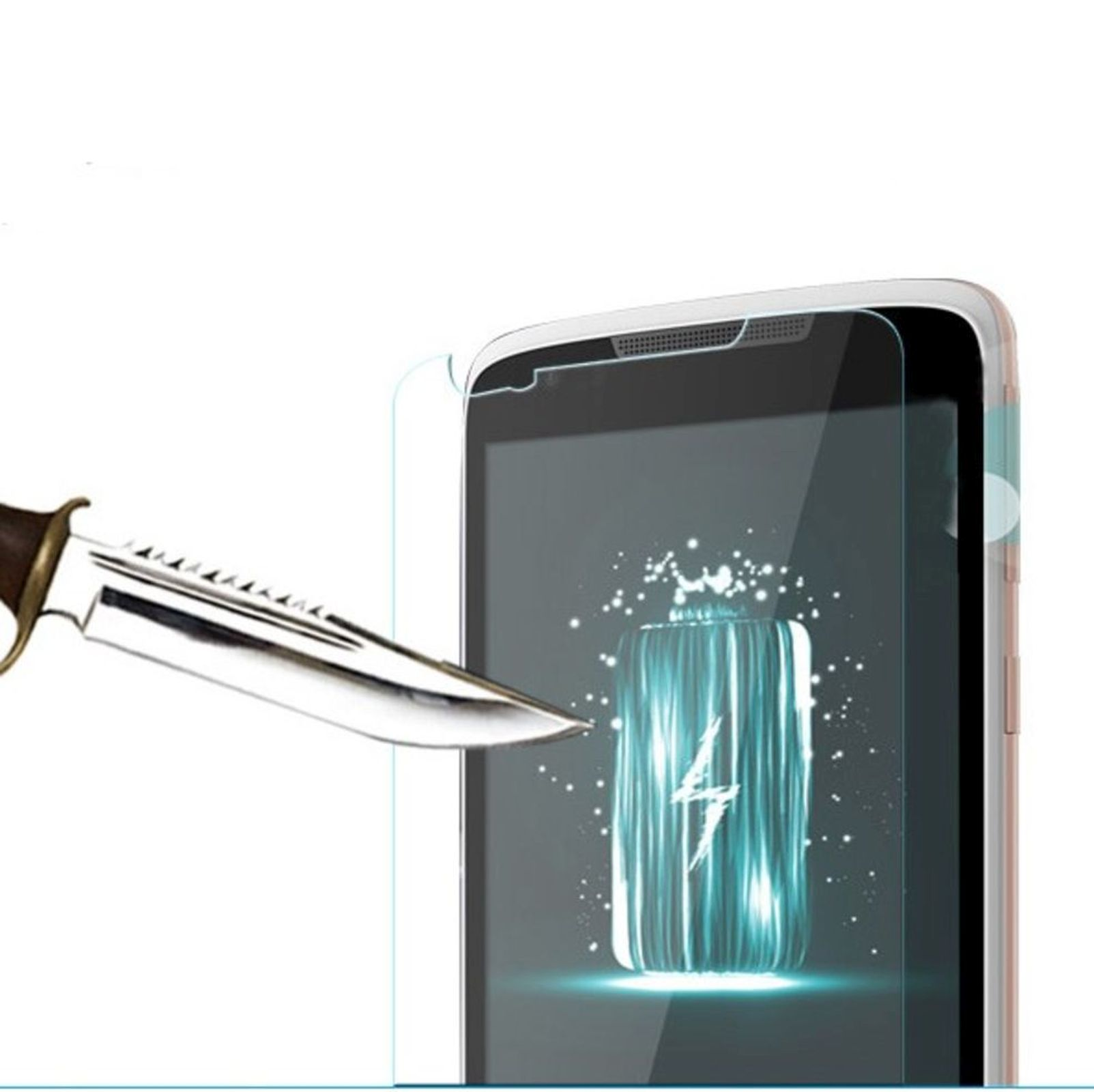 Un coltello sta per tagliare la protezione dello schermo di un telefono. Il telefono mostra un'icona della batteria con un fulmine.