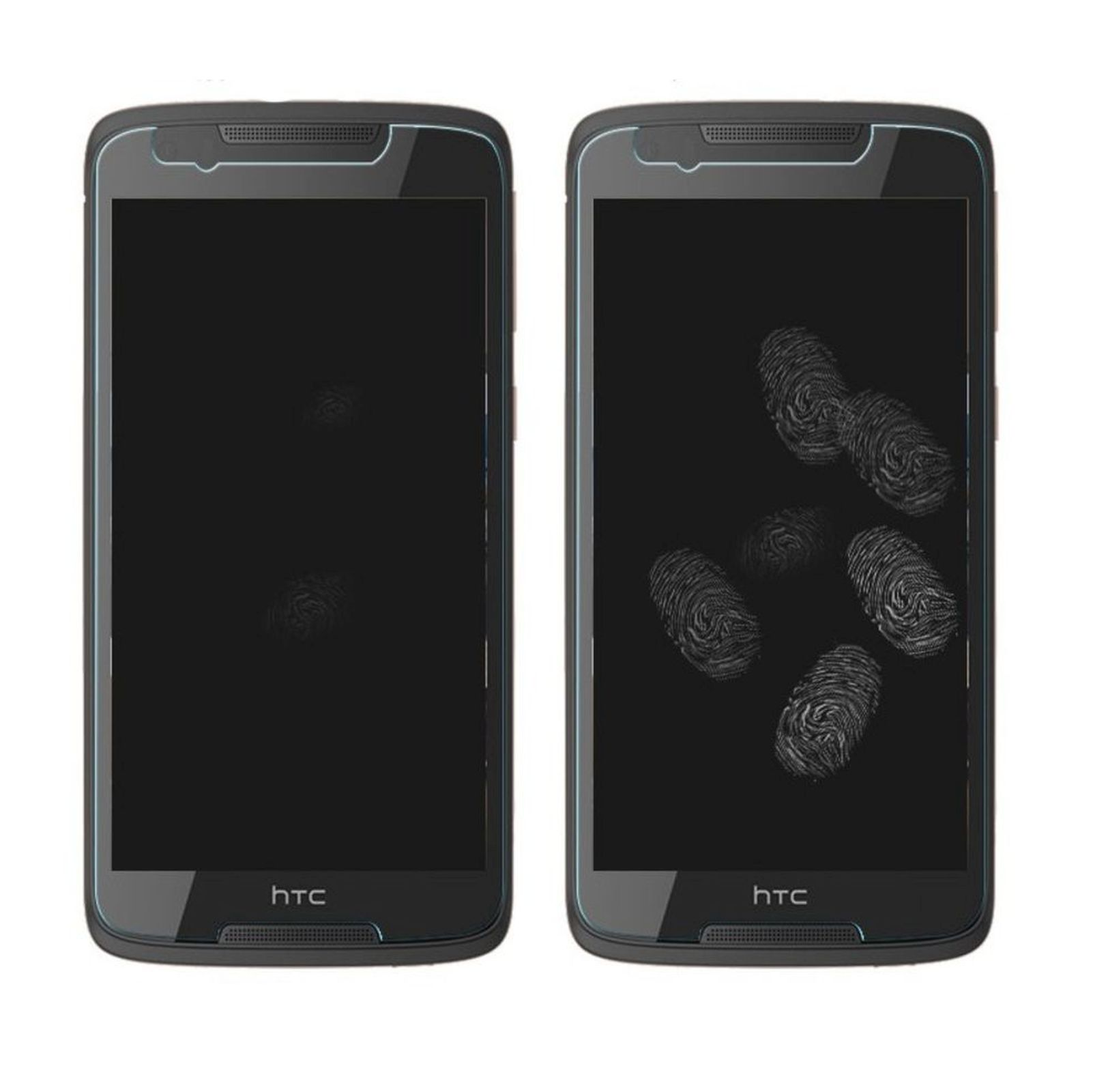 Due smartphone HTC neri, uno pulito, l'altro con impronte digitali visibili sullo schermo.