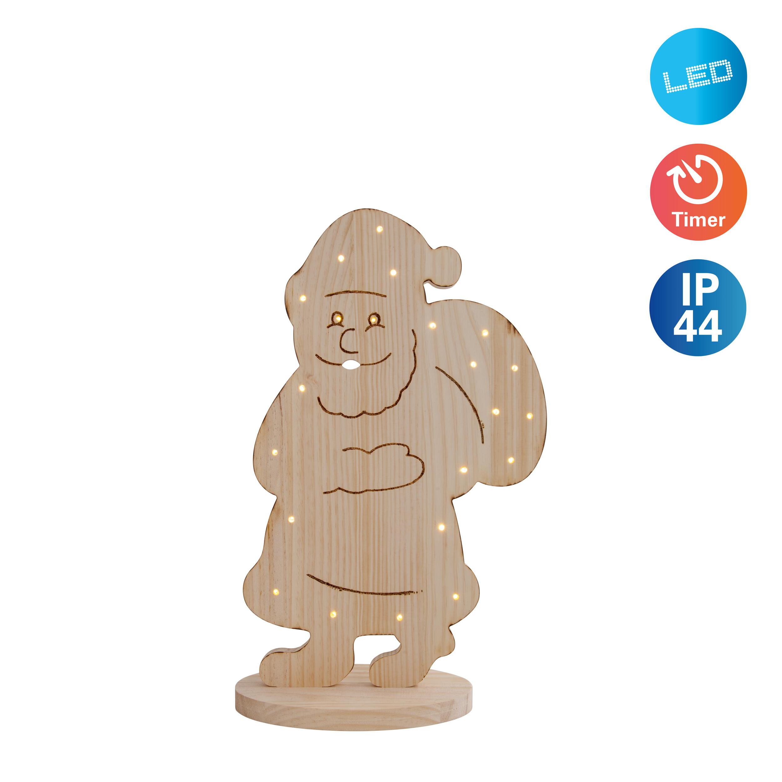 Weihnachtsmann-Figur aus Holz mit Lichtern und Symbolen für LED, Timer und IP44.