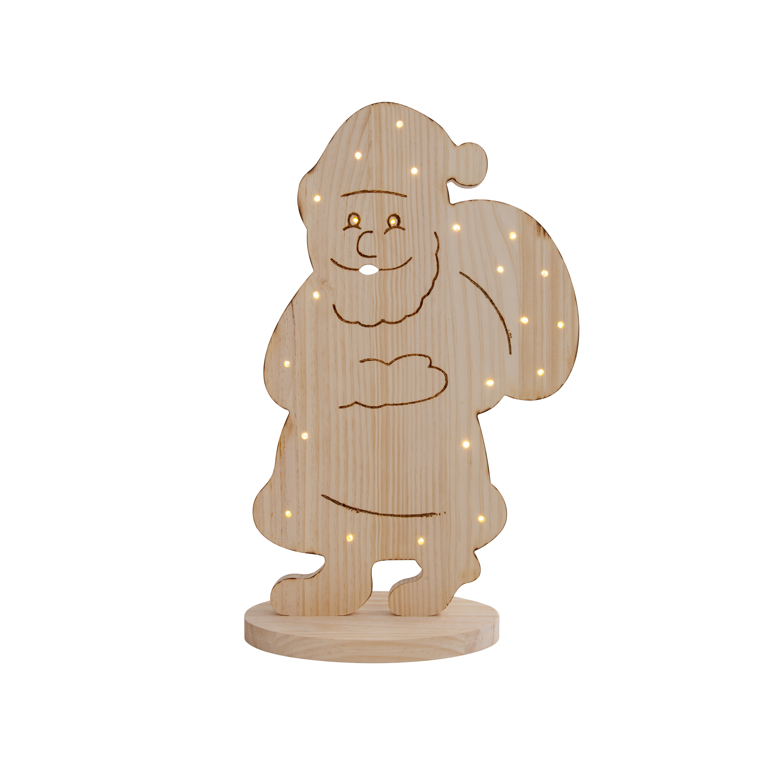 Weihnachtsmann-Dekoration aus Holz mit Lichtern. Hat ein lächelndes Gesicht und einen Sack.