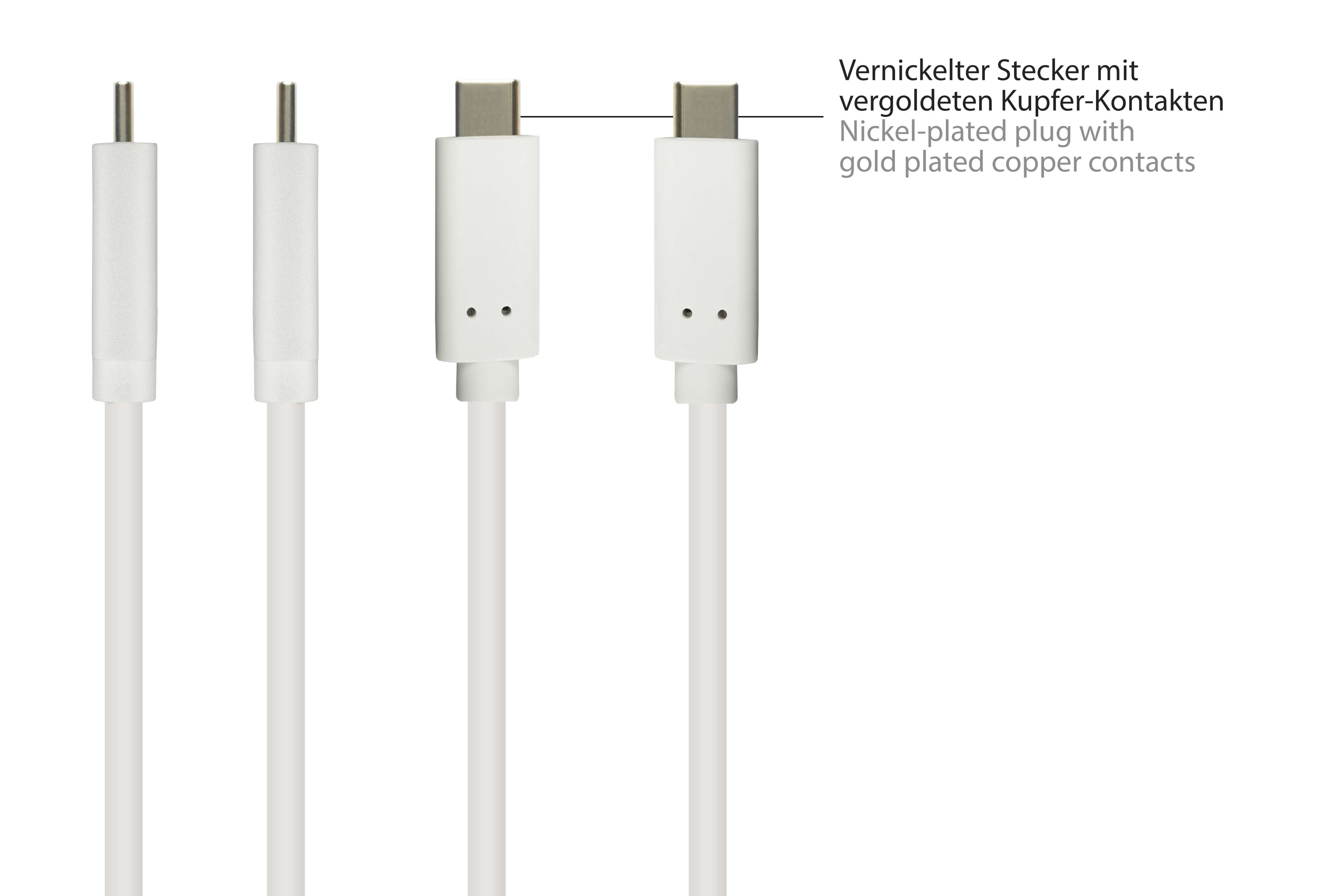 Cuatro cables USB-C blancos, con vista detallada de conectores y texto en alemán.