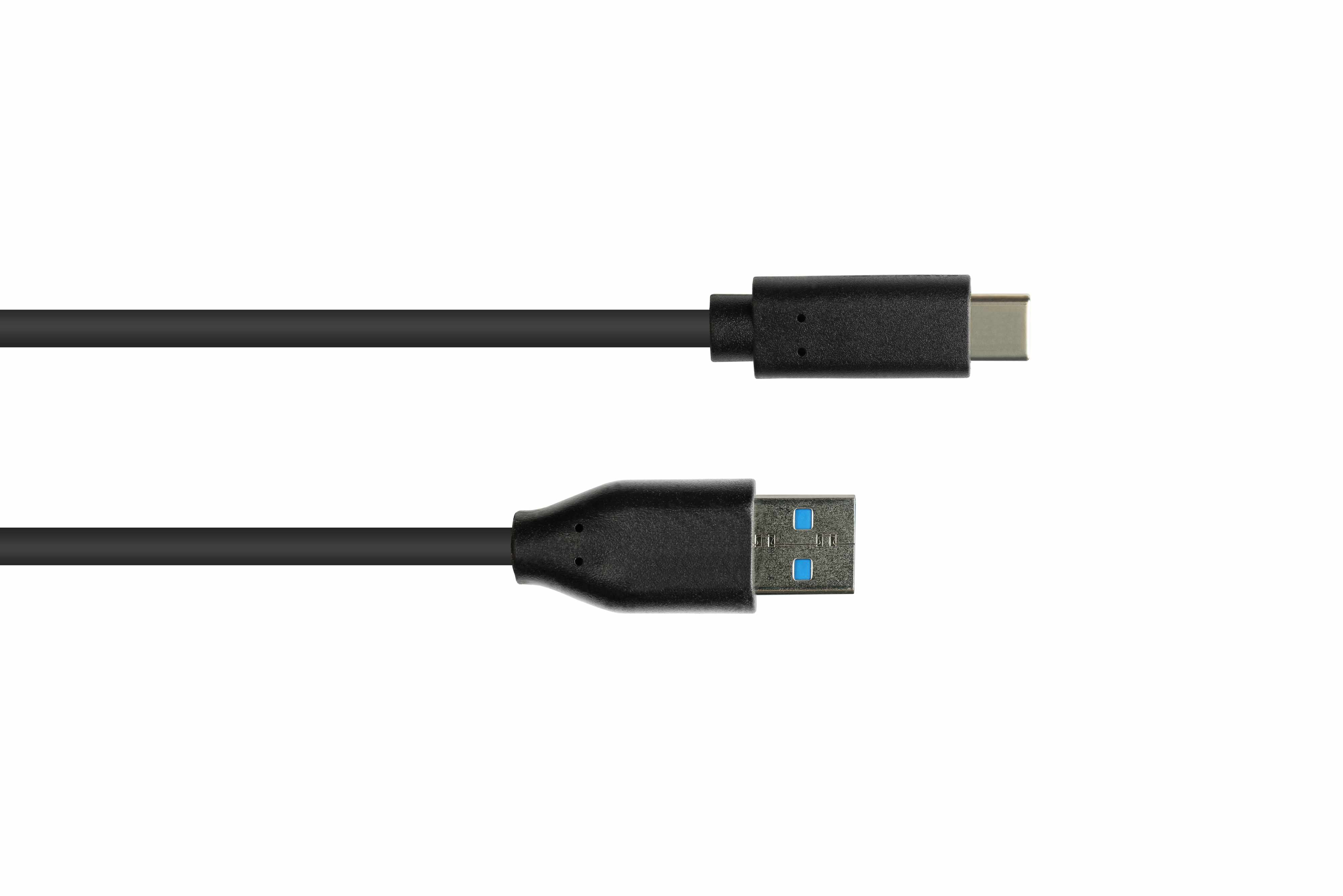Ein schwarzes USB-C-zu-USB-Kabel auf weißem Hintergrund. Die Anschlüsse sind deutlich sichtbar.