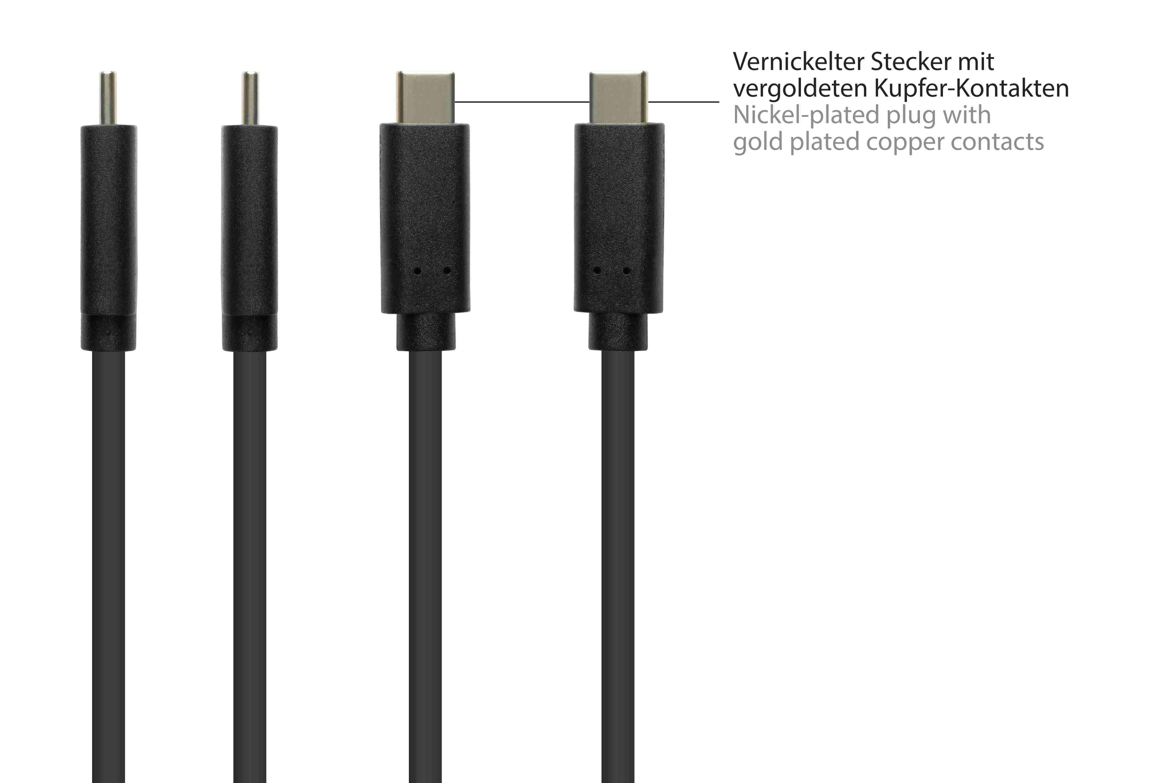 Vier schwarze USB-Kabel mit verschiedenen Steckern, beschriftet mit deutschem Text.