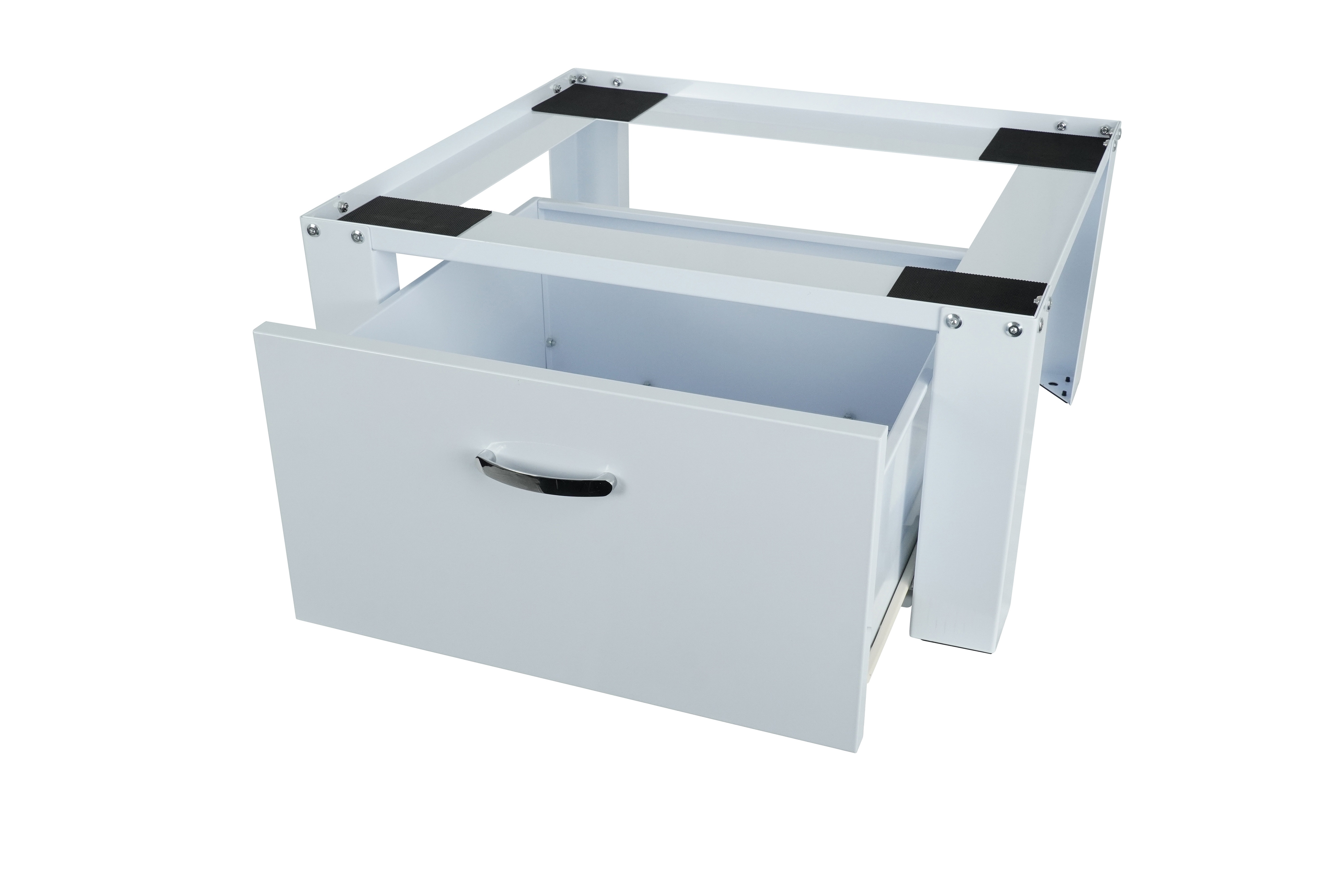 Witte wasmachinebasis met een open lade, op witte achtergrond.
