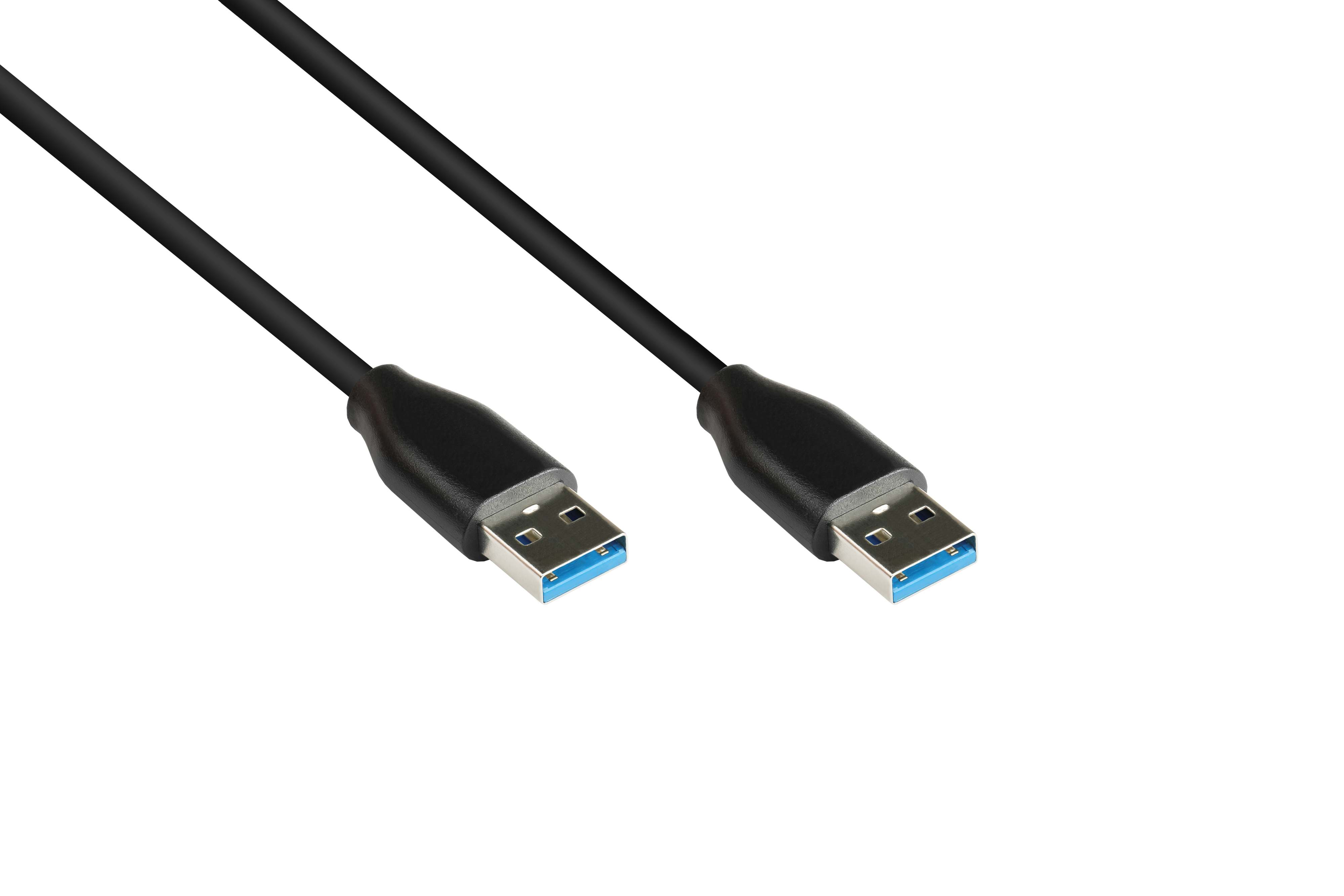 Cavo USB nero con punte blu. Sfondo bianco.