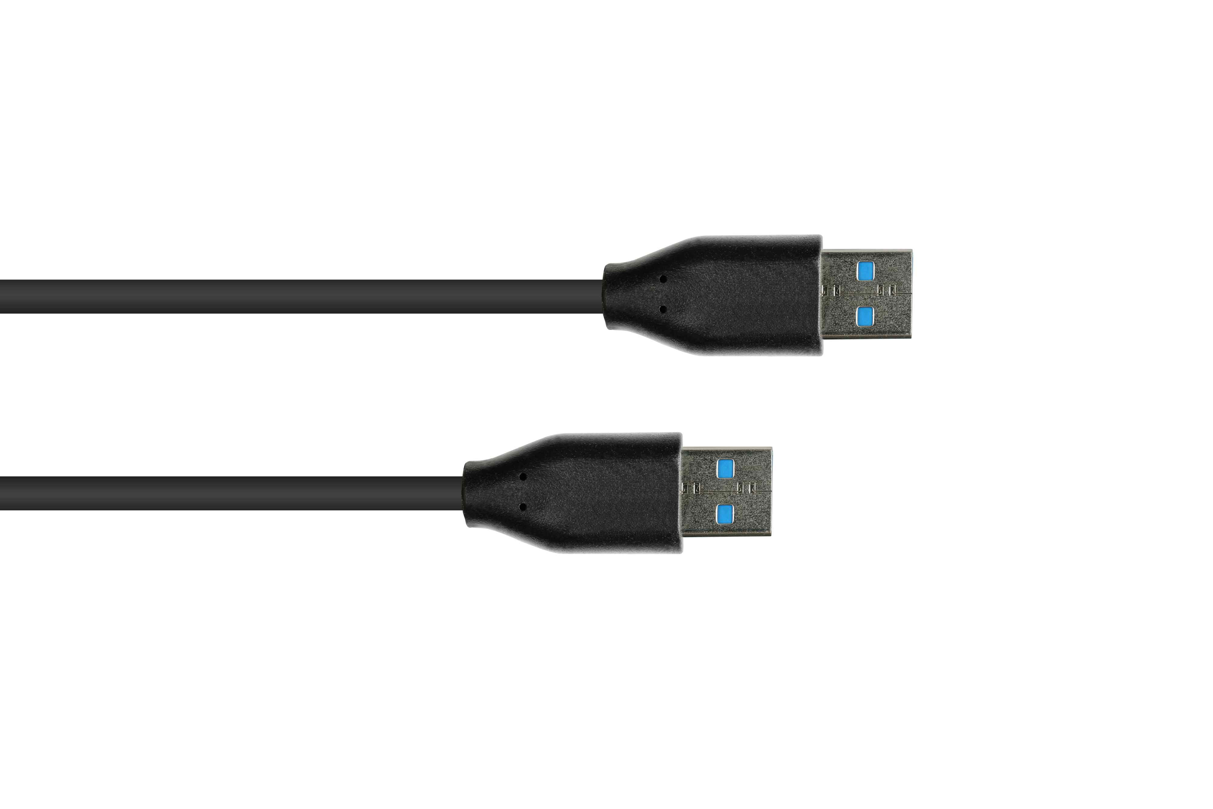 Due cavi USB neri con punte blu, su sfondo bianco.