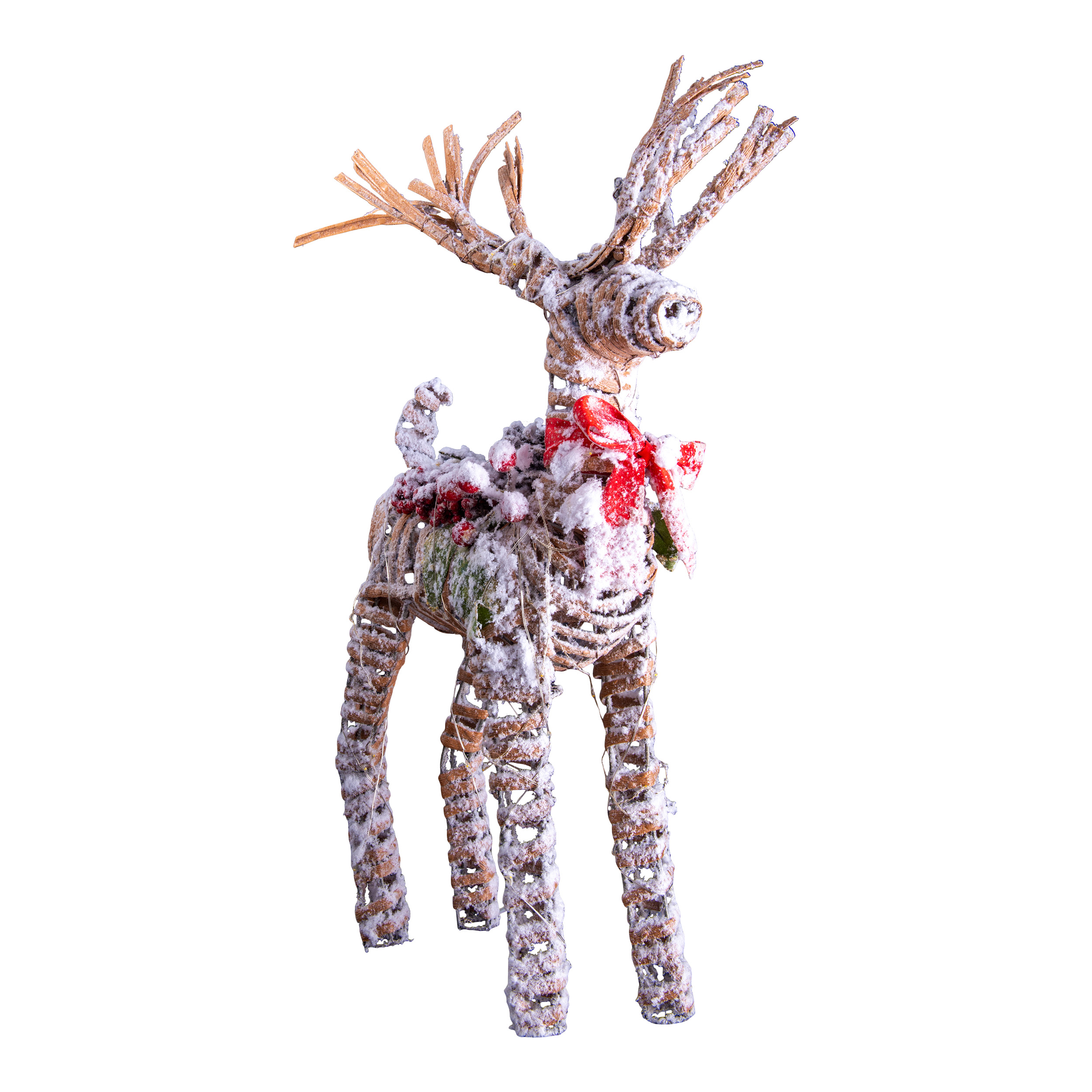 Dekorative Rentierfigur aus gewebtem Material, mit Schnee bedeckt und einer roten Schleife.