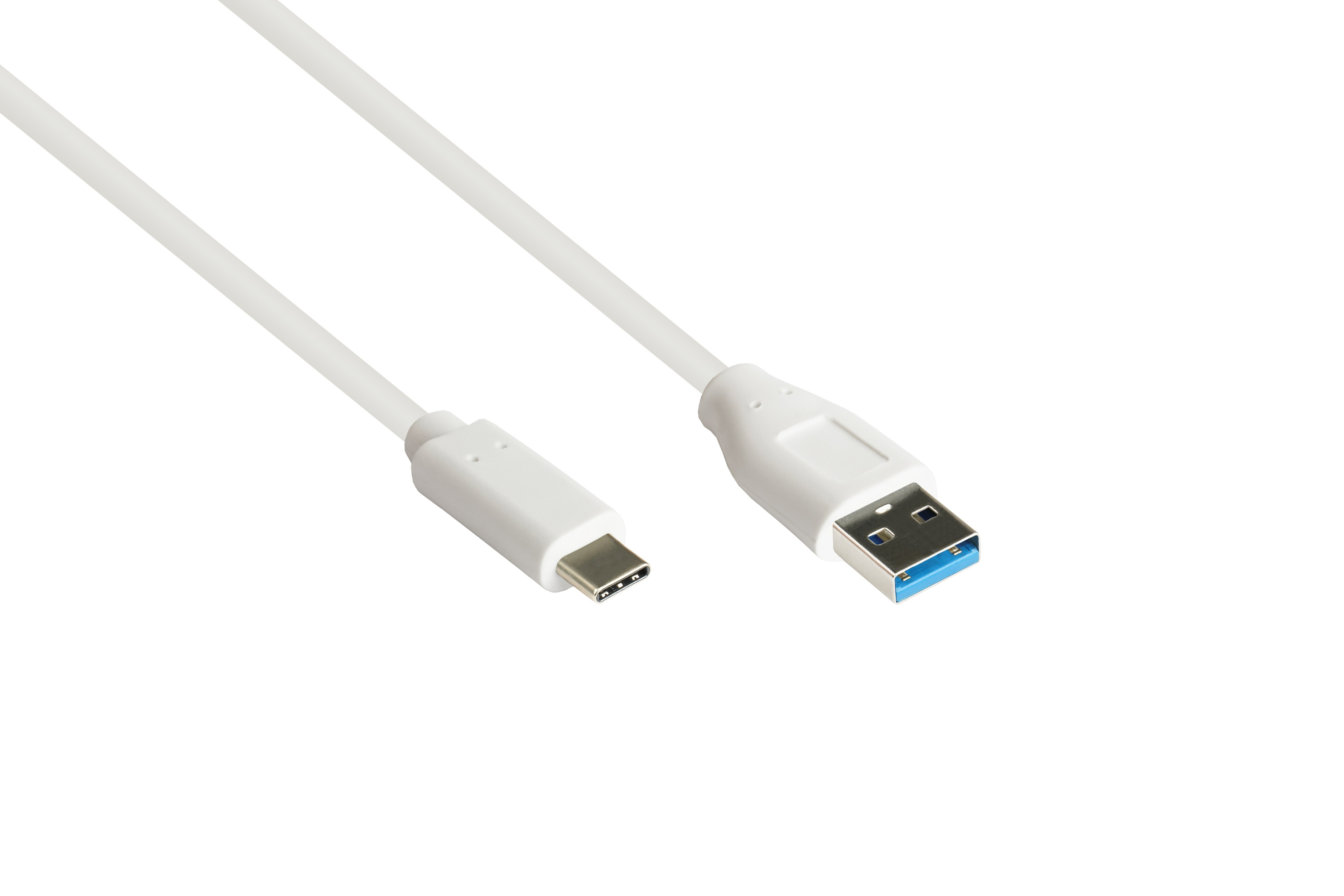 Un cable USB-C a USB-A blanco se encuentra sobre una superficie blanca.