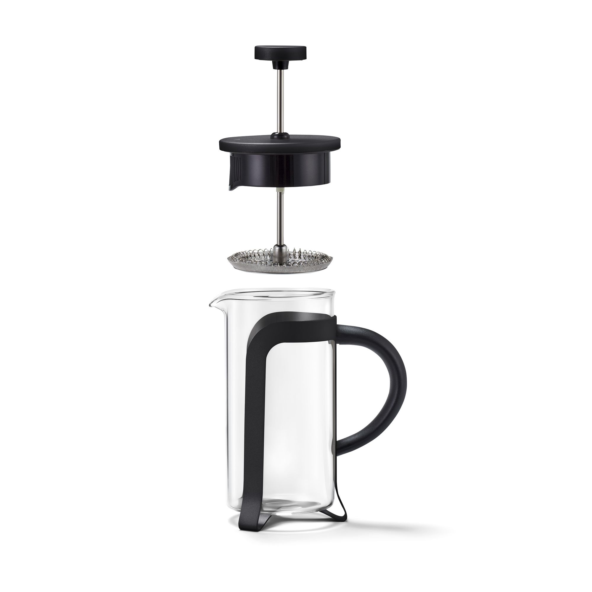 Zerlegter French-Press-Kaffeezubereiter auf weißem Hintergrund.