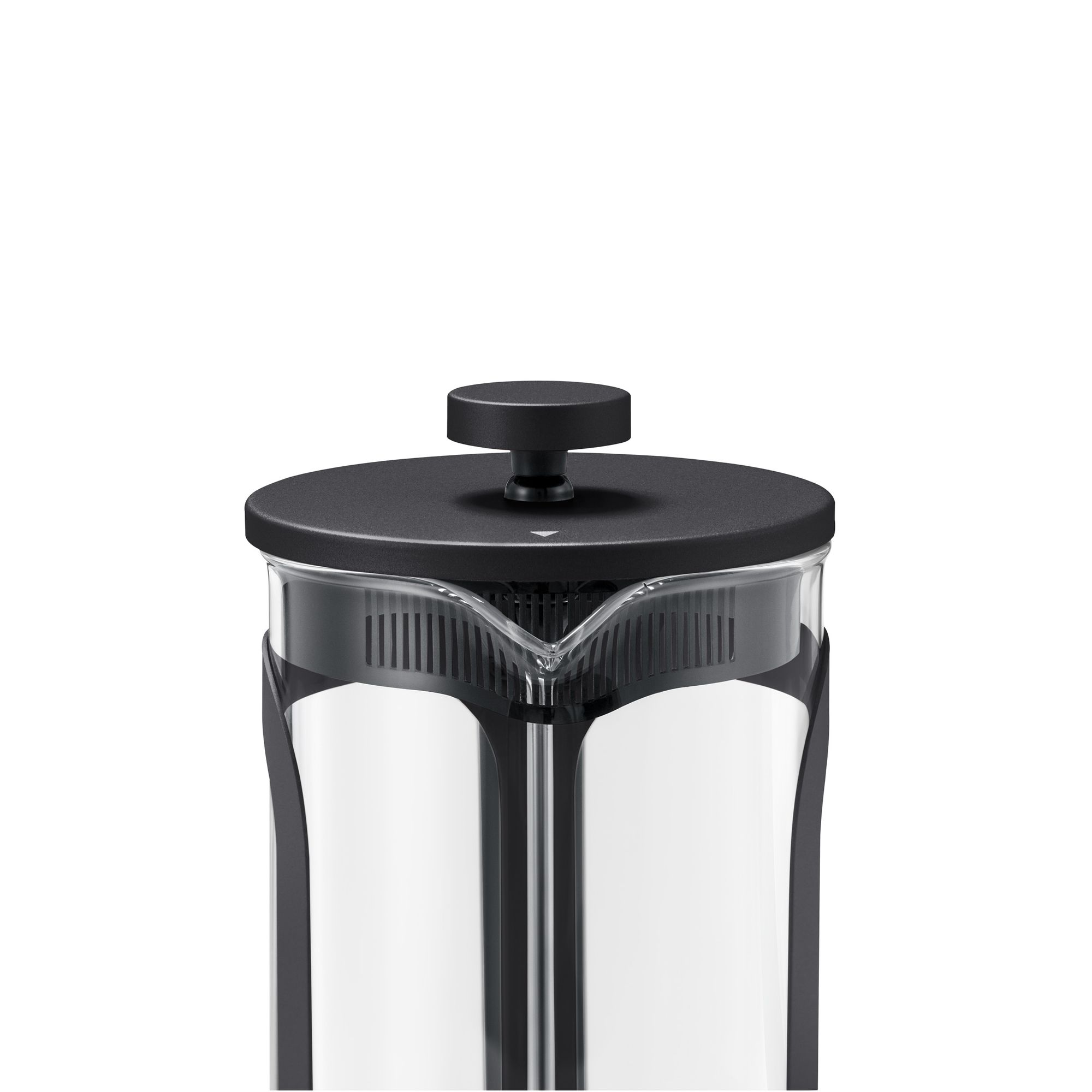 Nahaufnahme einer French-Press-Kaffeemaschine, schwarzer Deckel und Griff.