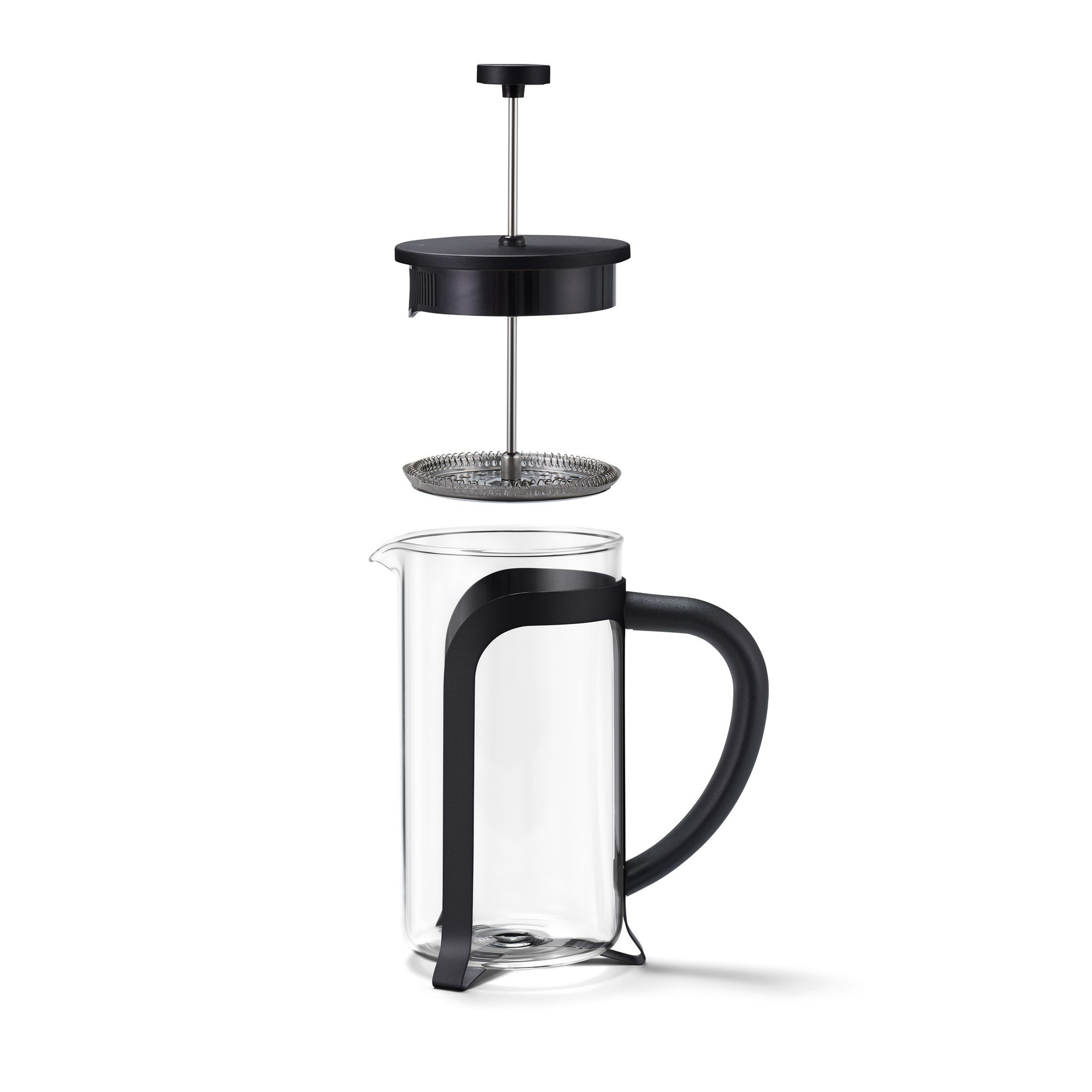 Ein auseinandergebauter French-Press-Kaffeebereiter auf weißem Hintergrund.