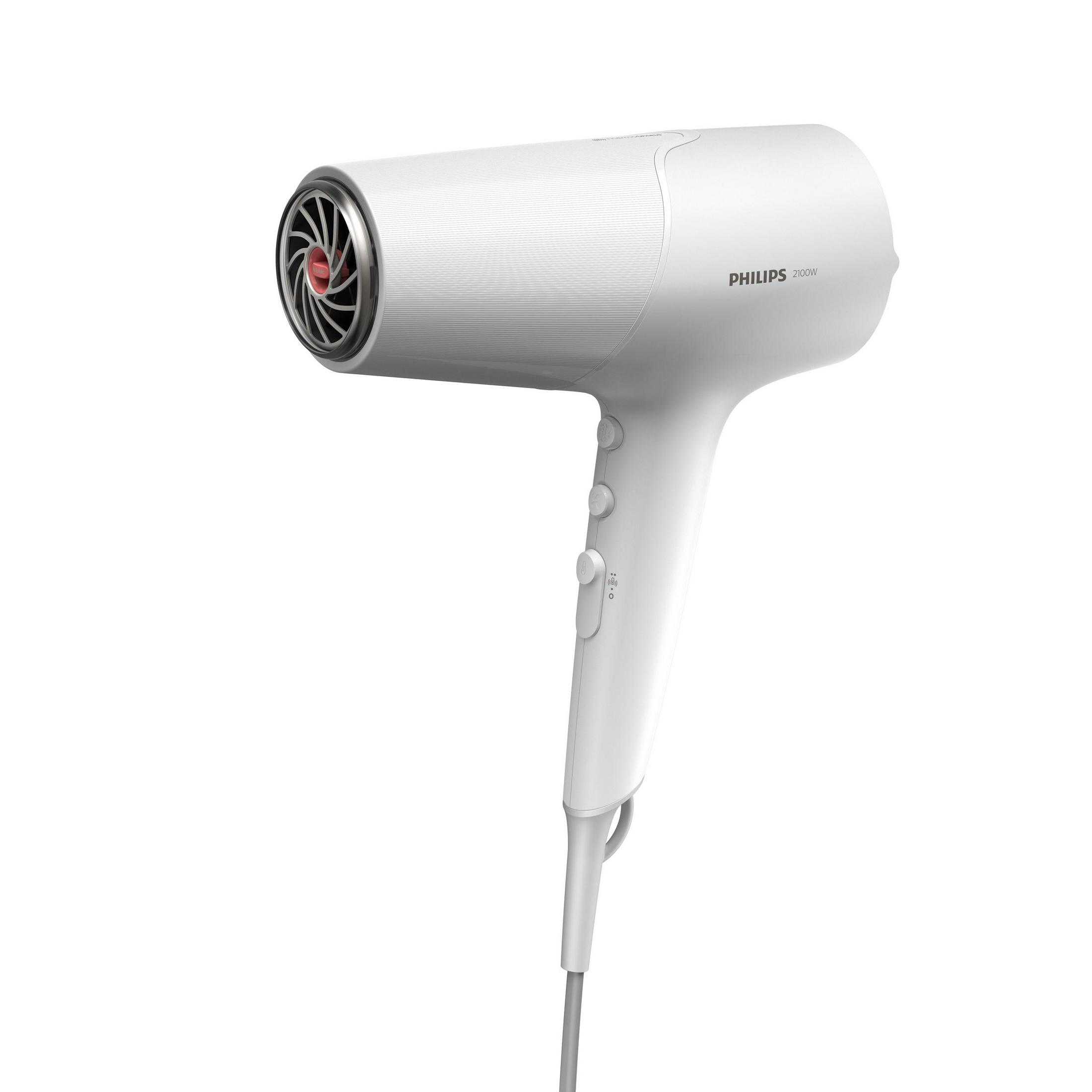 Biała suszarka do włosów Philips z uchwytem i trzema przyciskami, skierowana do widza.