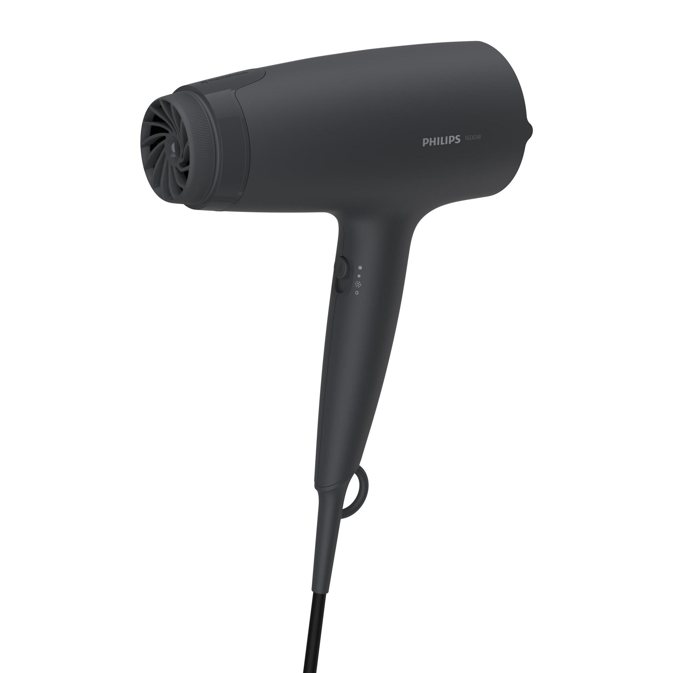 Schwarzer Philips Haartrockner. Der Griff hat Bedienelemente. Der Trockner zeigt nach oben.