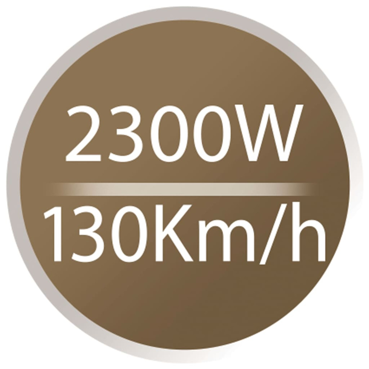 Brązowe koło z tekstem: 2300W, 130Km/h.