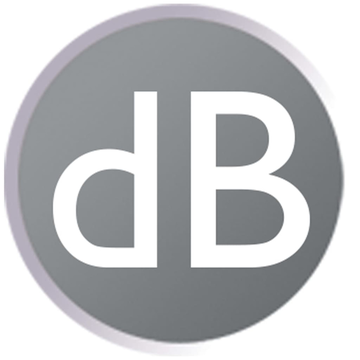 Szare koło z białymi literami 'dB' w środku, wskazujące decybele, jednostkę natężenia dźwięku.