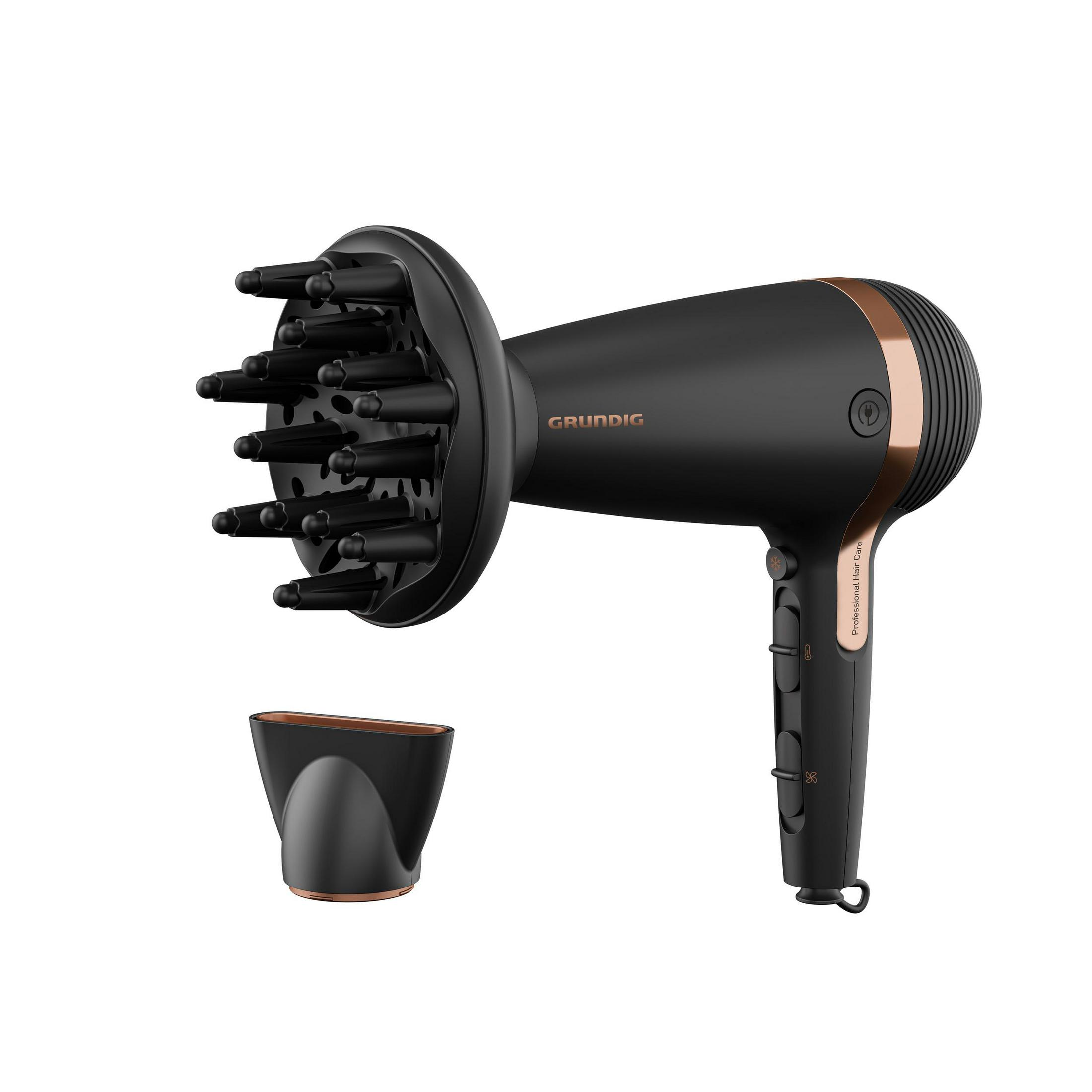 Czarna i miedziana suszarka do włosów z nasadką dyfuzyjną. Białe tło.