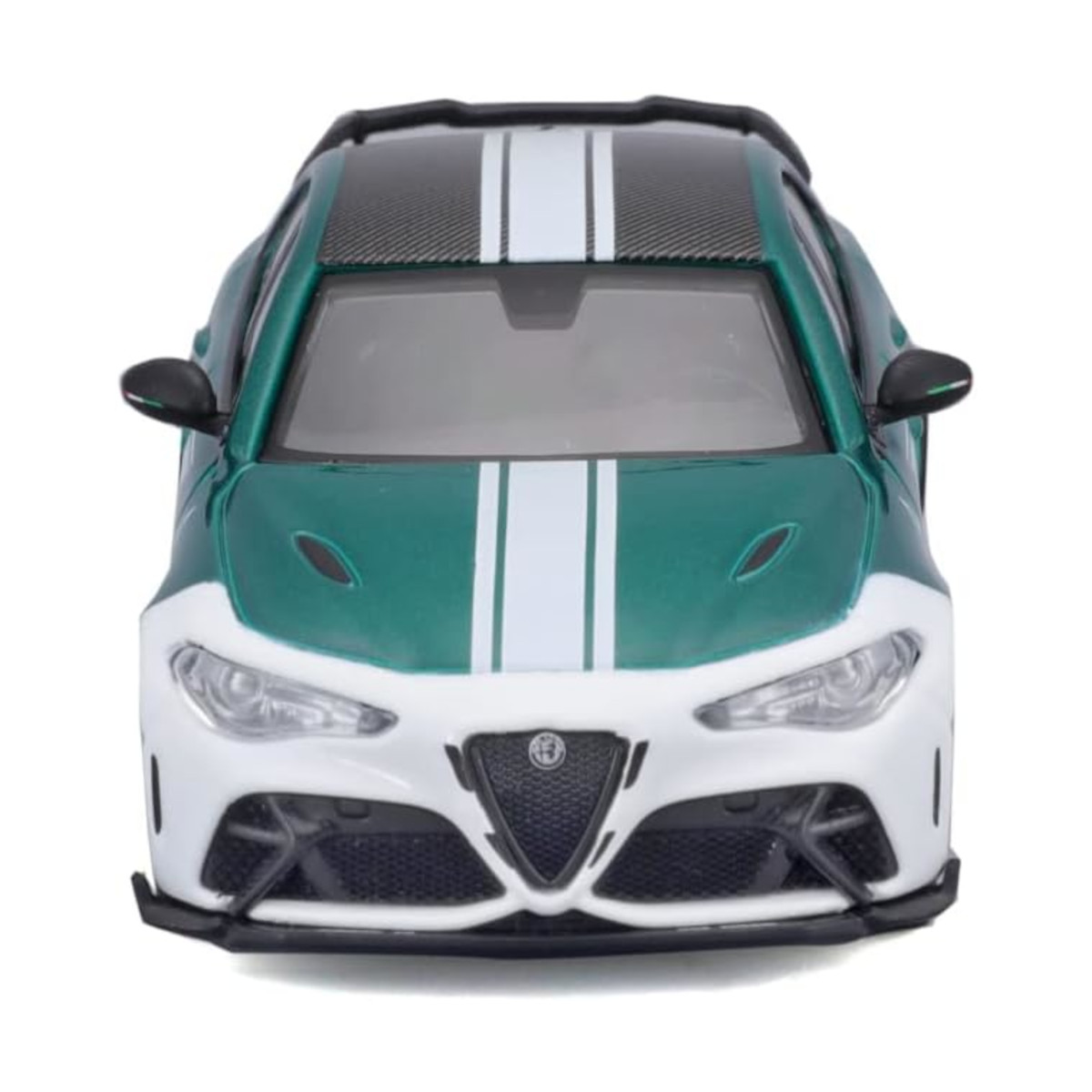 Zielono-biały samochód sportowy, widok z przodu, odizolowany.