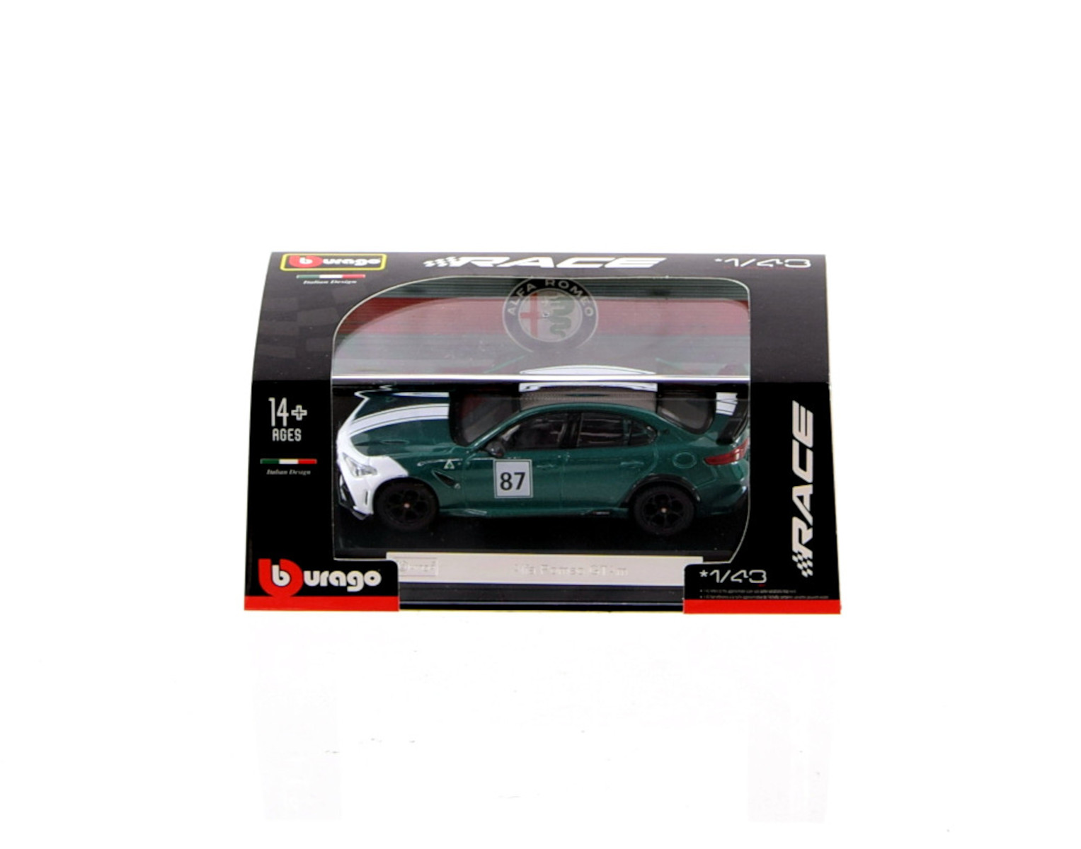 Model samochodu w pudełku. Zielony samochód z białymi paskami, numer 87. Marka to Burago.