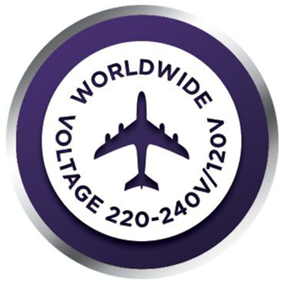 Okrągła naklejka z ikoną globu i samolotu, z napisem 'Worldwide Voltage 220-240V/120V'.