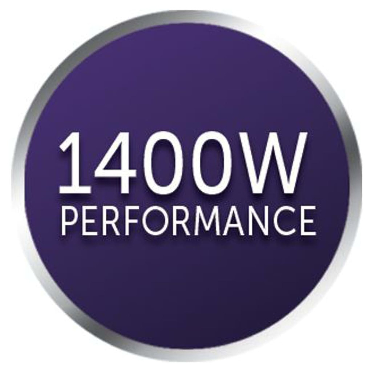 Fioletowa naklejka ze srebrną obwódką, wyświetlająca '1400W PERFORMANCE' białym tekstem.