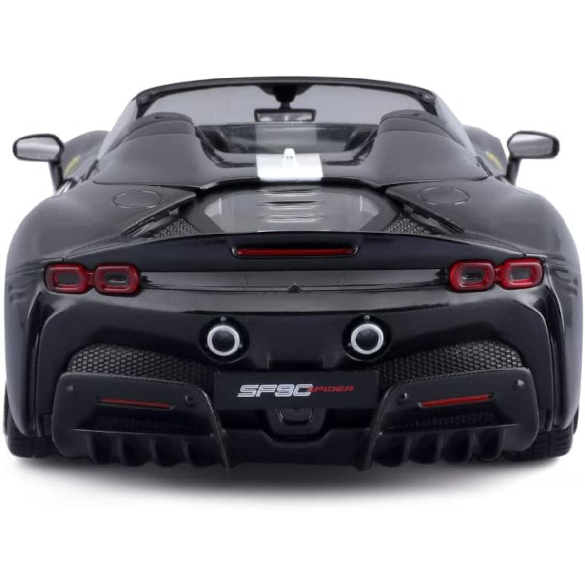 Schwarze Ferrari SF90 Spider Heckansicht. Enthält Rücklichter, Auspuff und SF90 SPIDER Text.