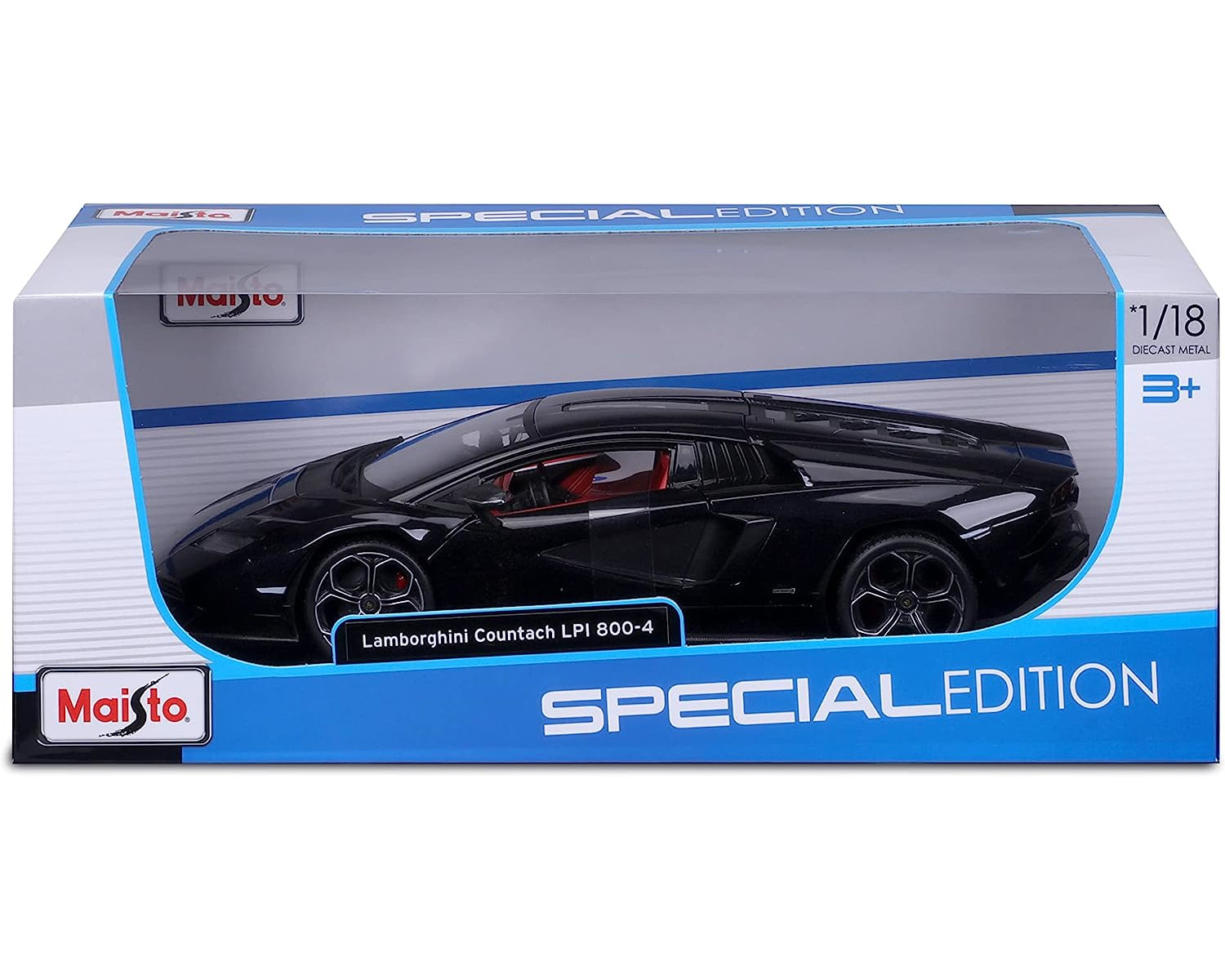 Un'auto modello Lamborghini Countach nera in una scatola blu e bianca.