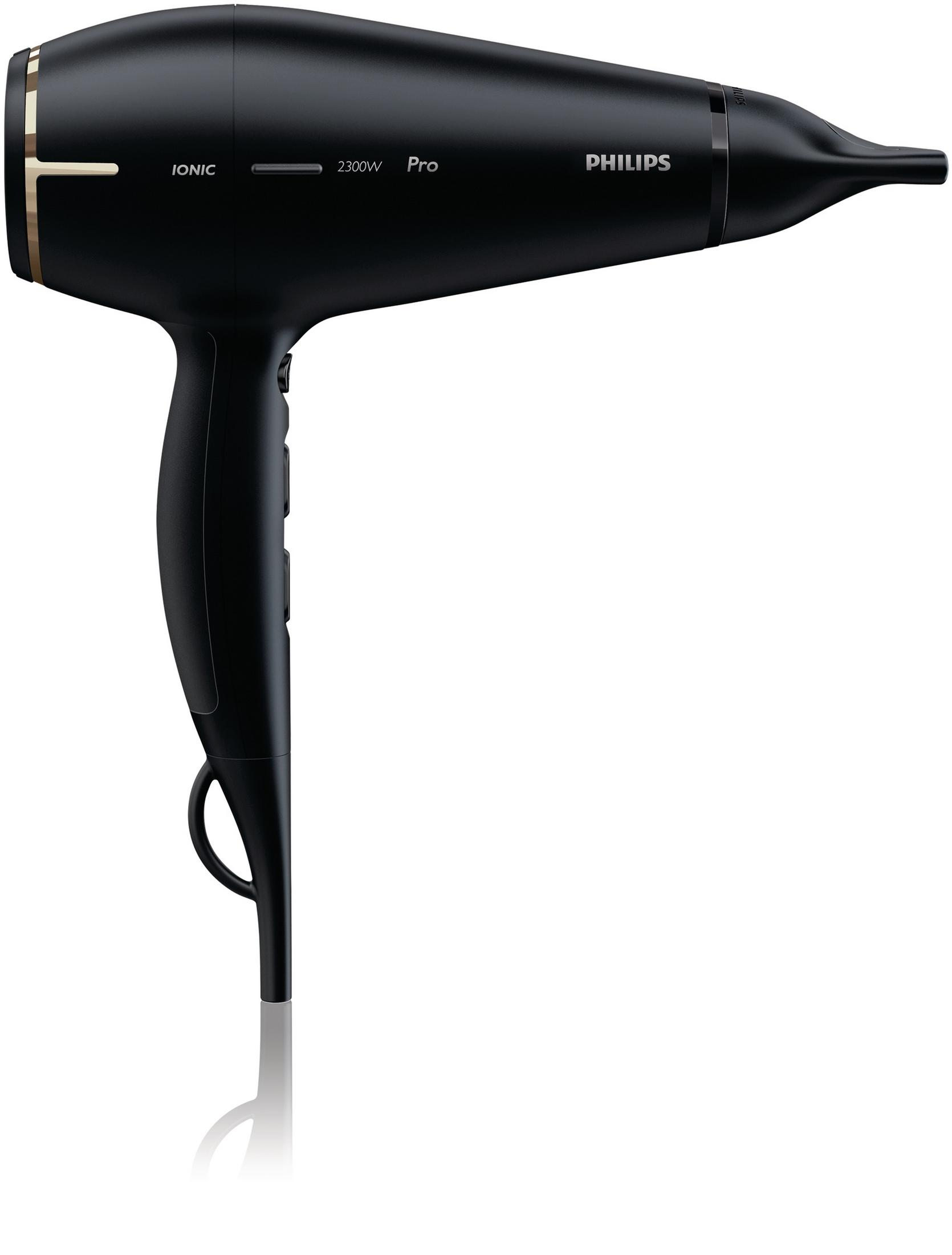 Secador de pelo Philips Ionic 2300W Pro negro, aislado sobre fondo blanco.