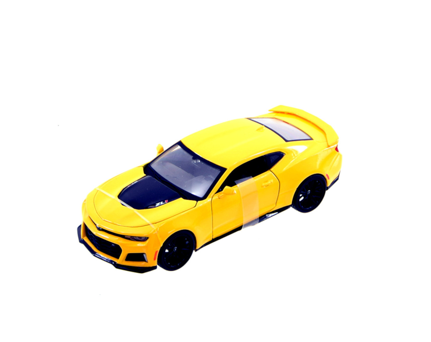 Gelbes Spielzeugauto mit schwarzen Streifen und Rädern auf weißem Hintergrund.