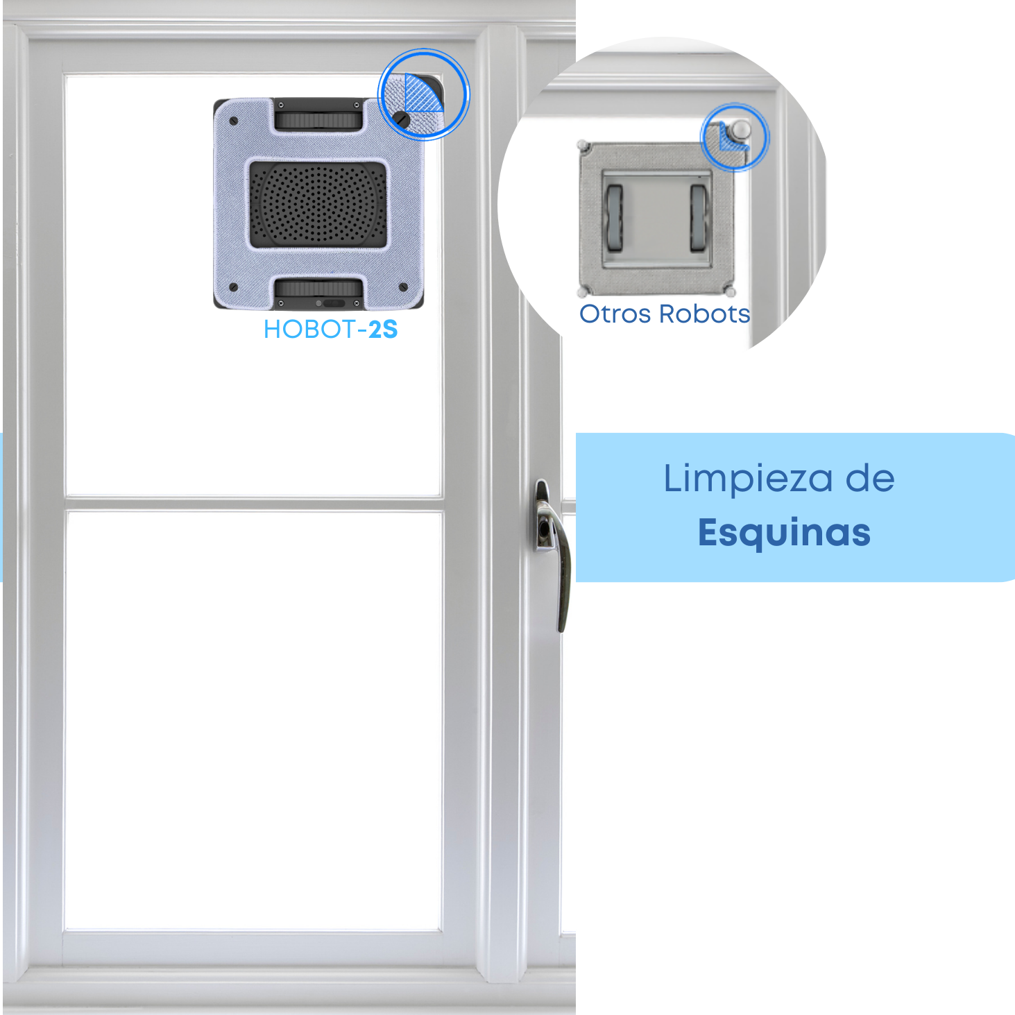 Robot limpiador de ventanas en una ventana, con un diagrama que ilustra la capacidad de limpieza de esquinas.