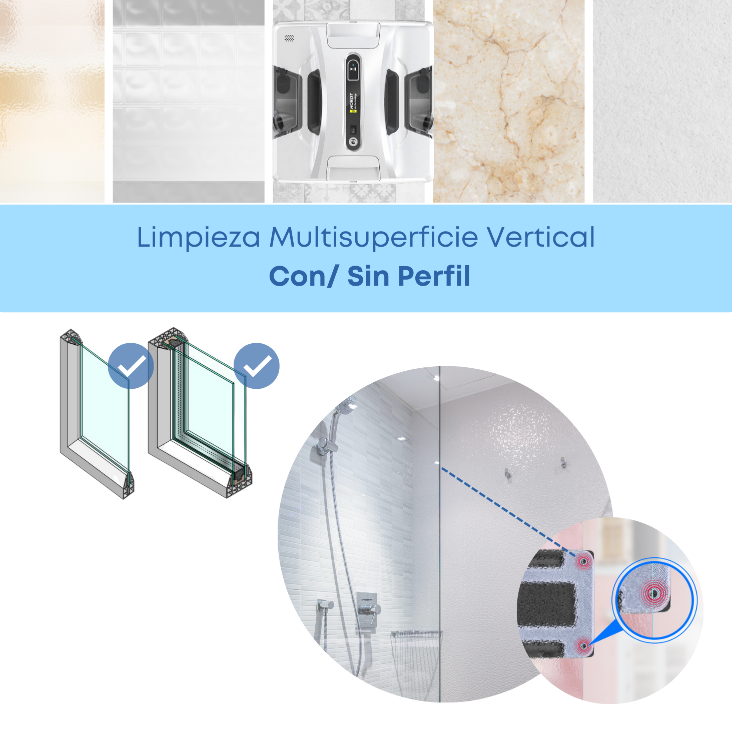 Visual de limpieza de vidrio, incluyendo robot, pared de ducha y vistas detalladas.