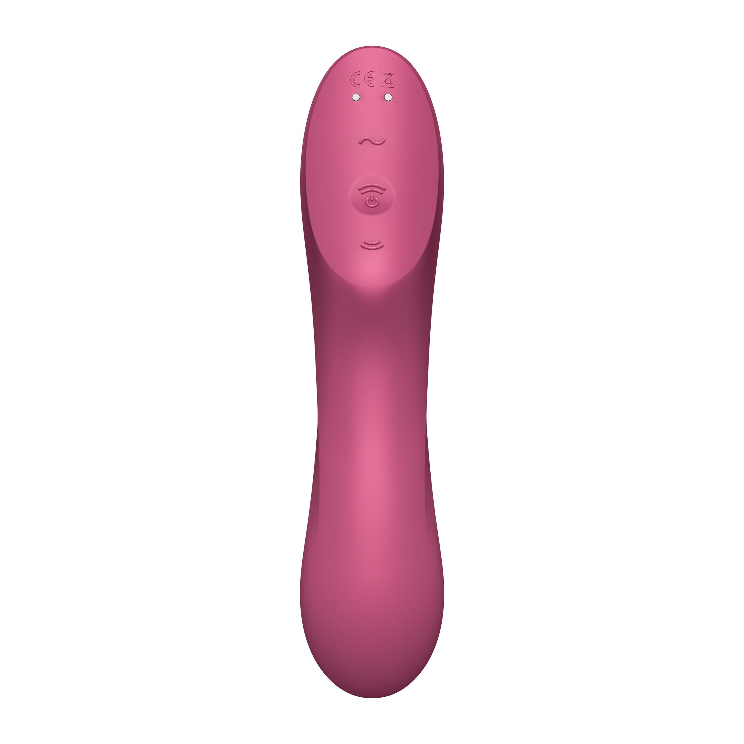 Vibrador rosa, forma alargada, con botones, aislado sobre fondo blanco.