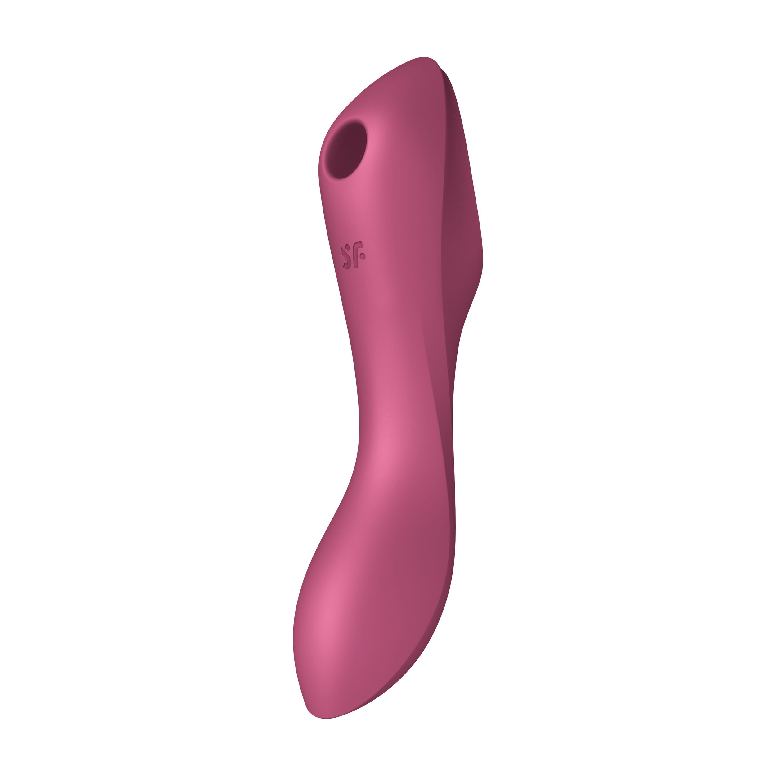 Juguete sexual rosa con diseño curvo, fondo blanco.