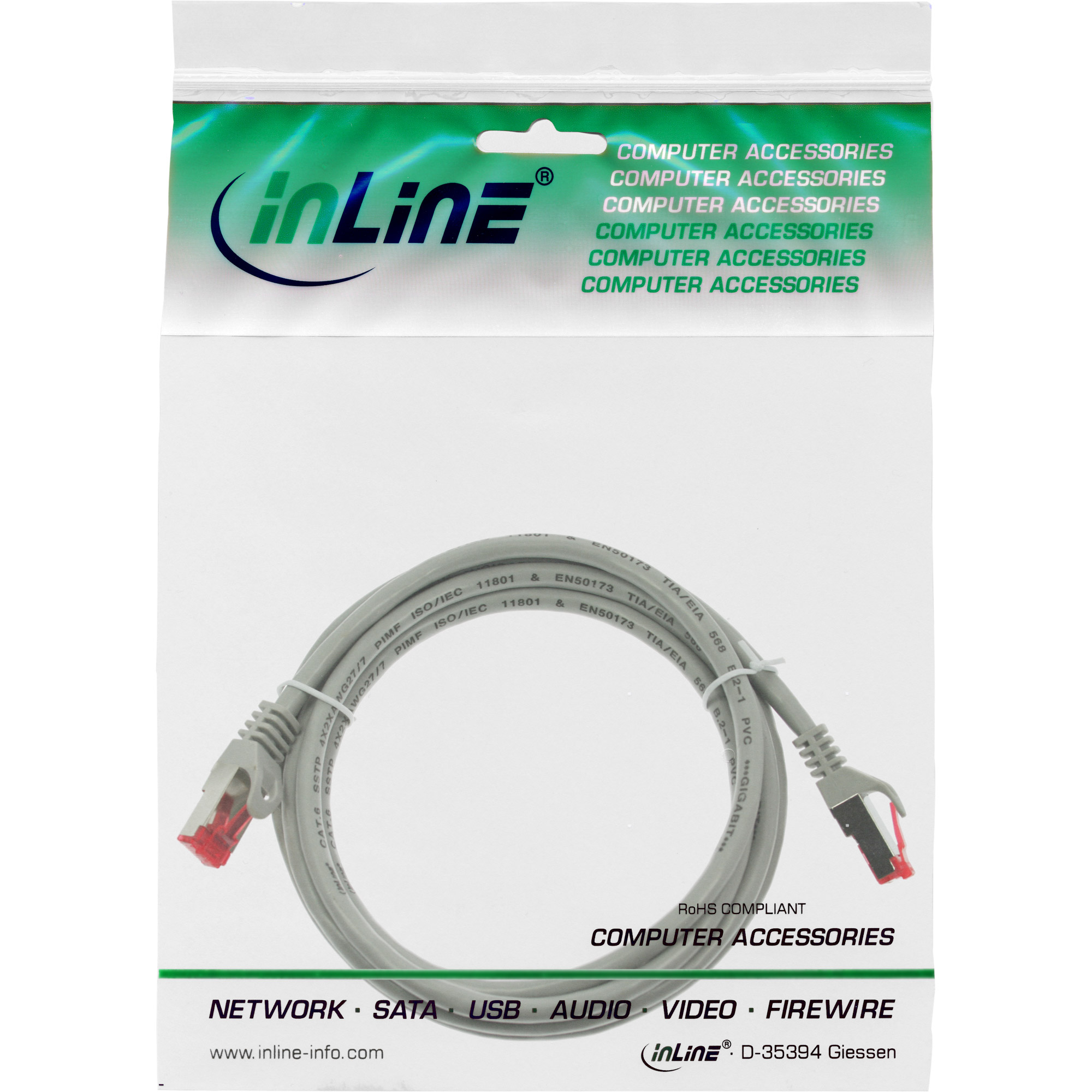INLINE InLine® Patchkabel, Kupfer, PVC, (PiMf), 2 grau,, Cat.6, m Patchkabel, S/FTP 250MHz