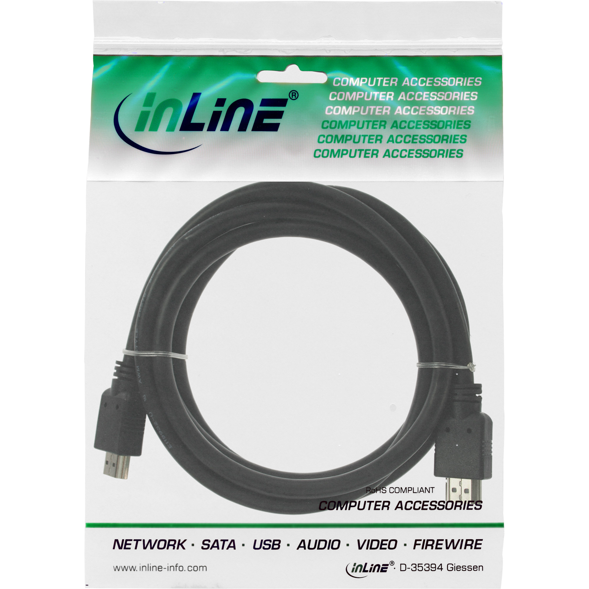 Ein schwarzes HDMI-Kabel in einer Plastikverpackung, mit dem Logo der Marke 'inLine' und Produktinformationen.