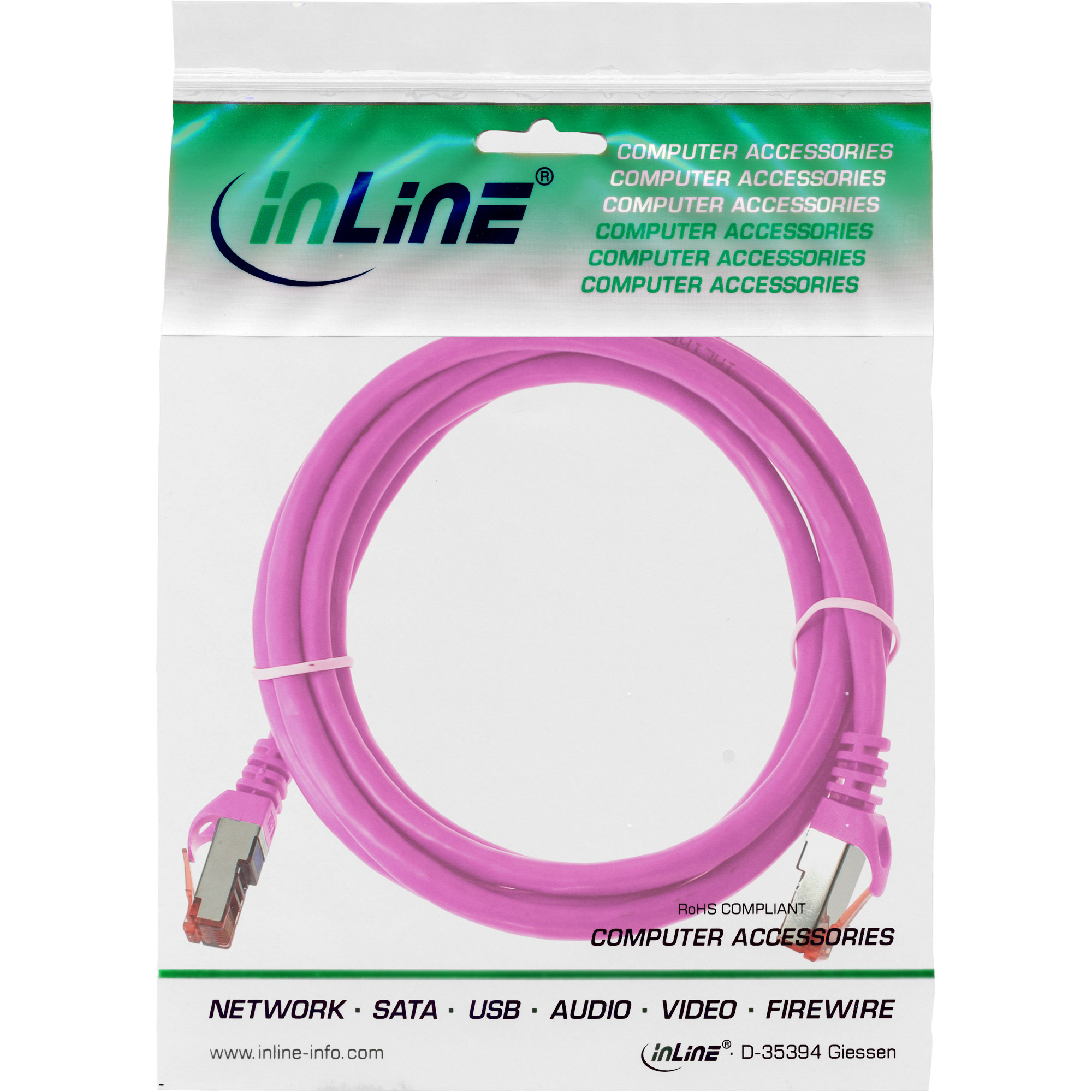Un cavo di rete rosa in una busta di plastica trasparente con il logo 'inLine' e i dettagli del prodotto.
