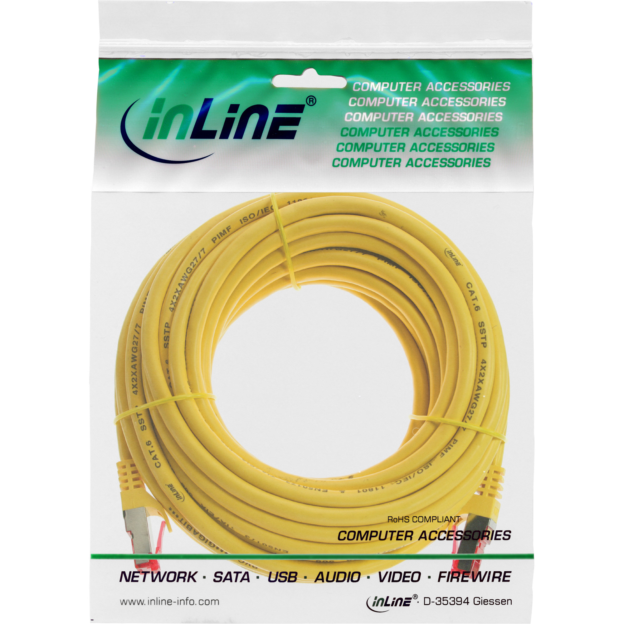 Cavo di rete giallo in un sacchetto di plastica. Testo accessori per computer visibile.
