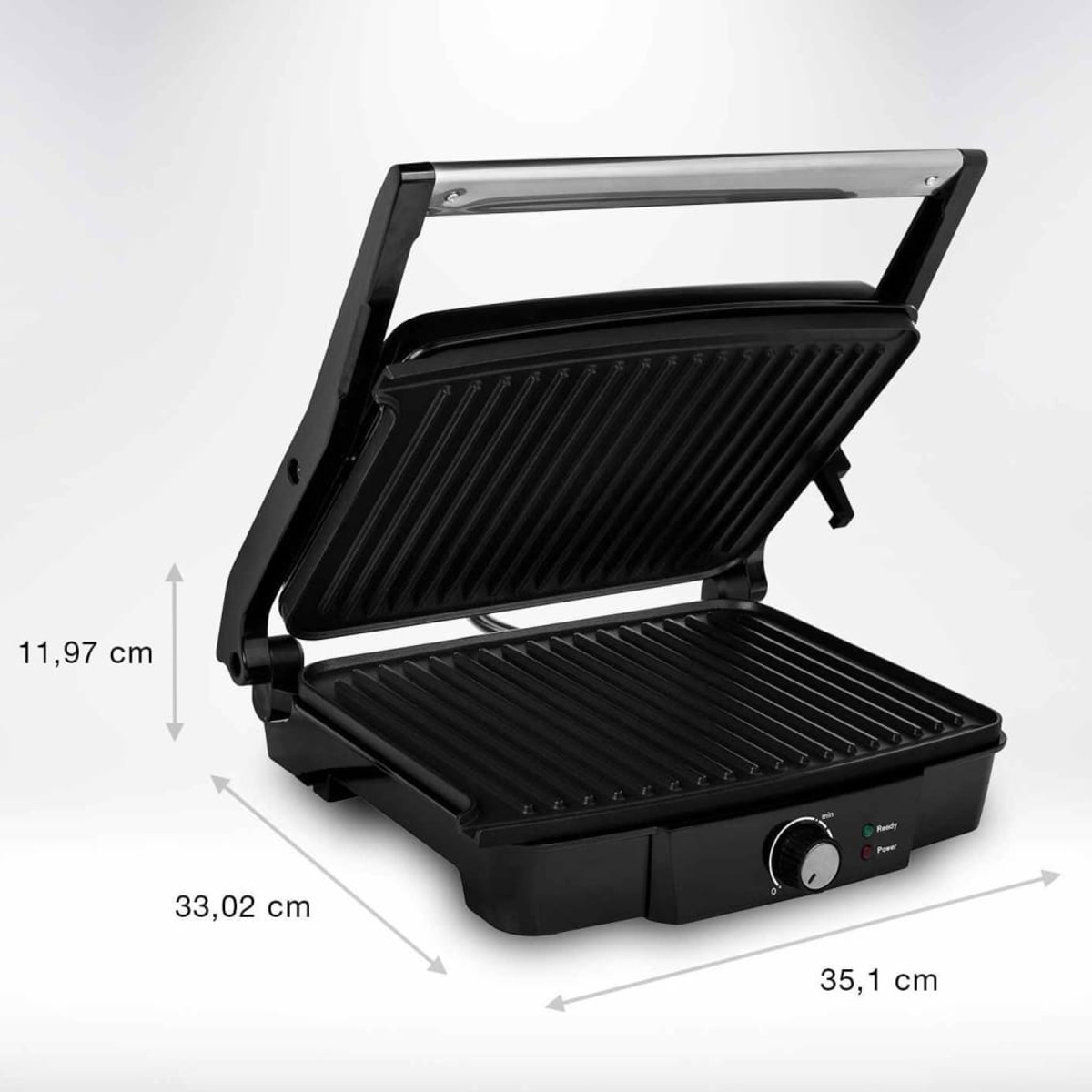 Schwarzer Elektrogrill, offen, mit Grillstreifen. Abmessungen: 35,1, 33,02 und 11,97 cm sind beschriftet.