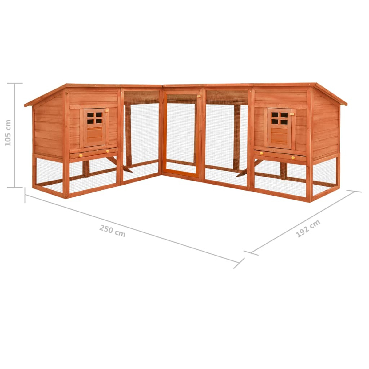 Hühnerstall aus Holz mit Maßen. Zwei seitliche Ställe und ein zentraler offener Bereich.