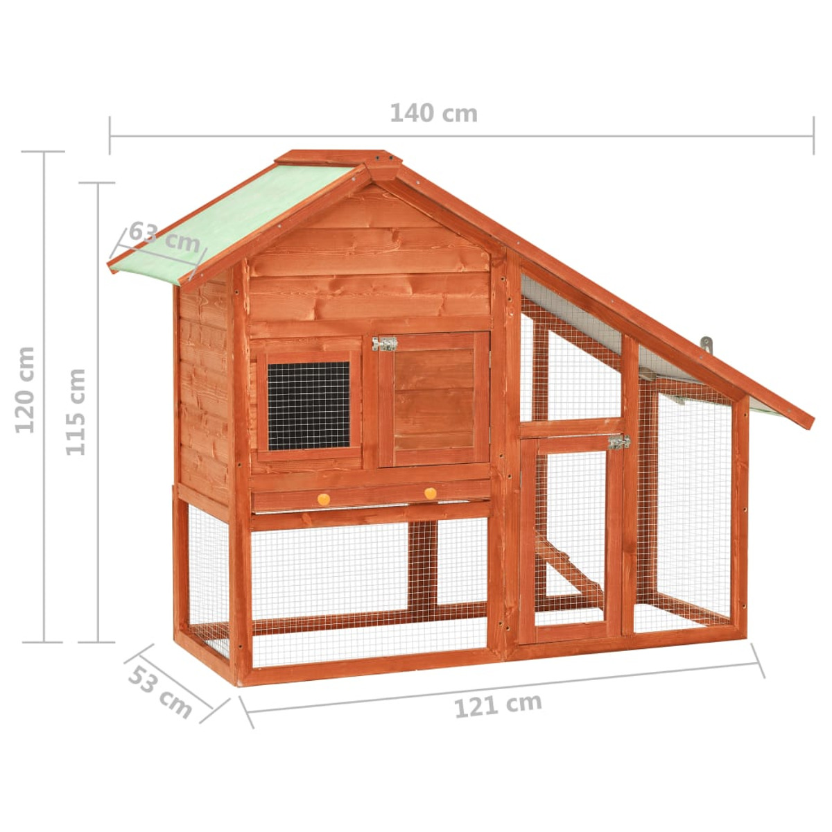 Hühnerstall aus Holz mit Abmessungen. Es hat eine Tür, ein Fenster und Seiten aus Drahtgeflecht.