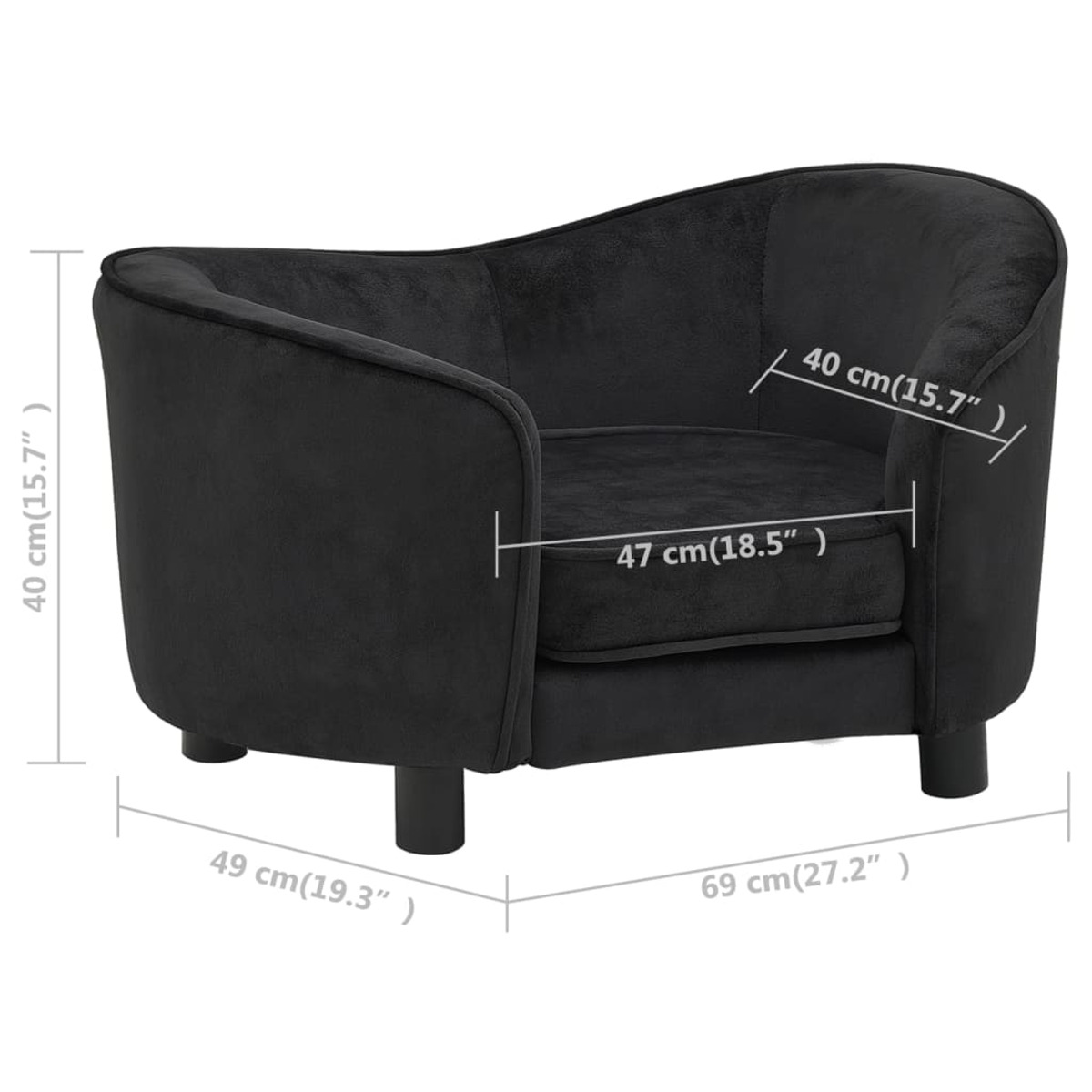 Schwarzes Samt-Haustiersofa mit Abmessungen in cm und Zoll.